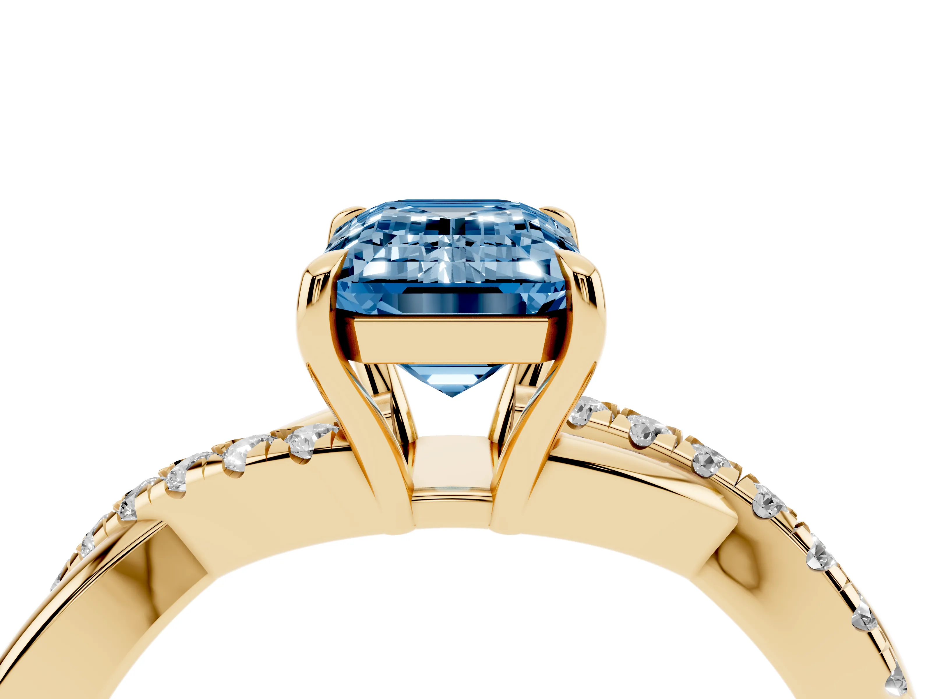 Fancy Blue Emerald Cut Diamond Twisted Pavé Band Ring Set in Yellow gold with Prong Setting