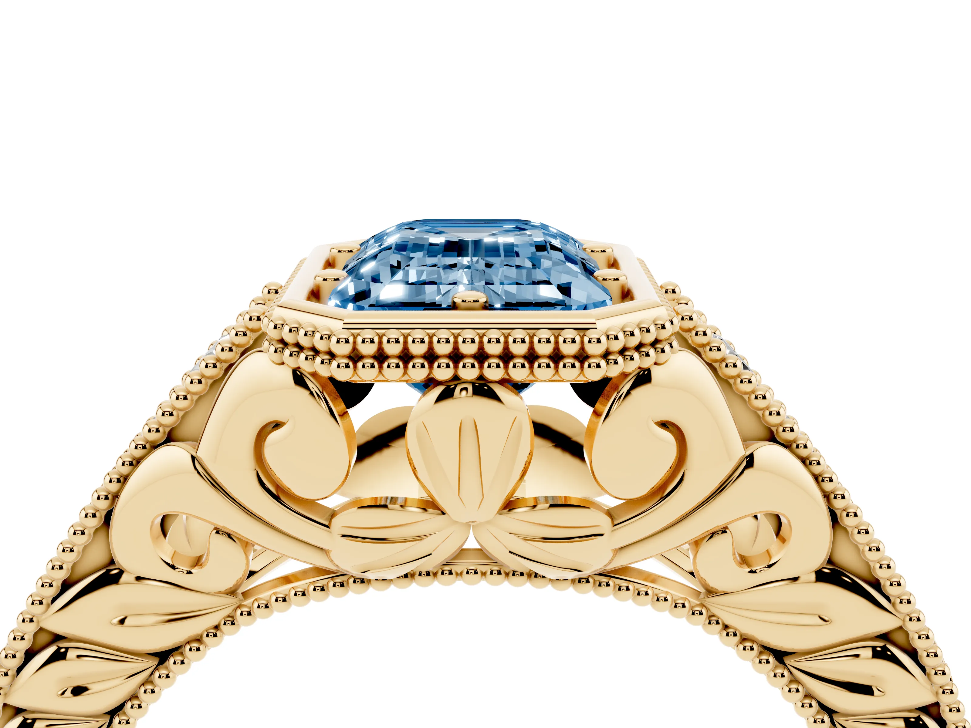 Fancy Blue Bezel Set Emerald Cut Diamond Milgrain Pavé Engagement Ring Set in Yellow gold