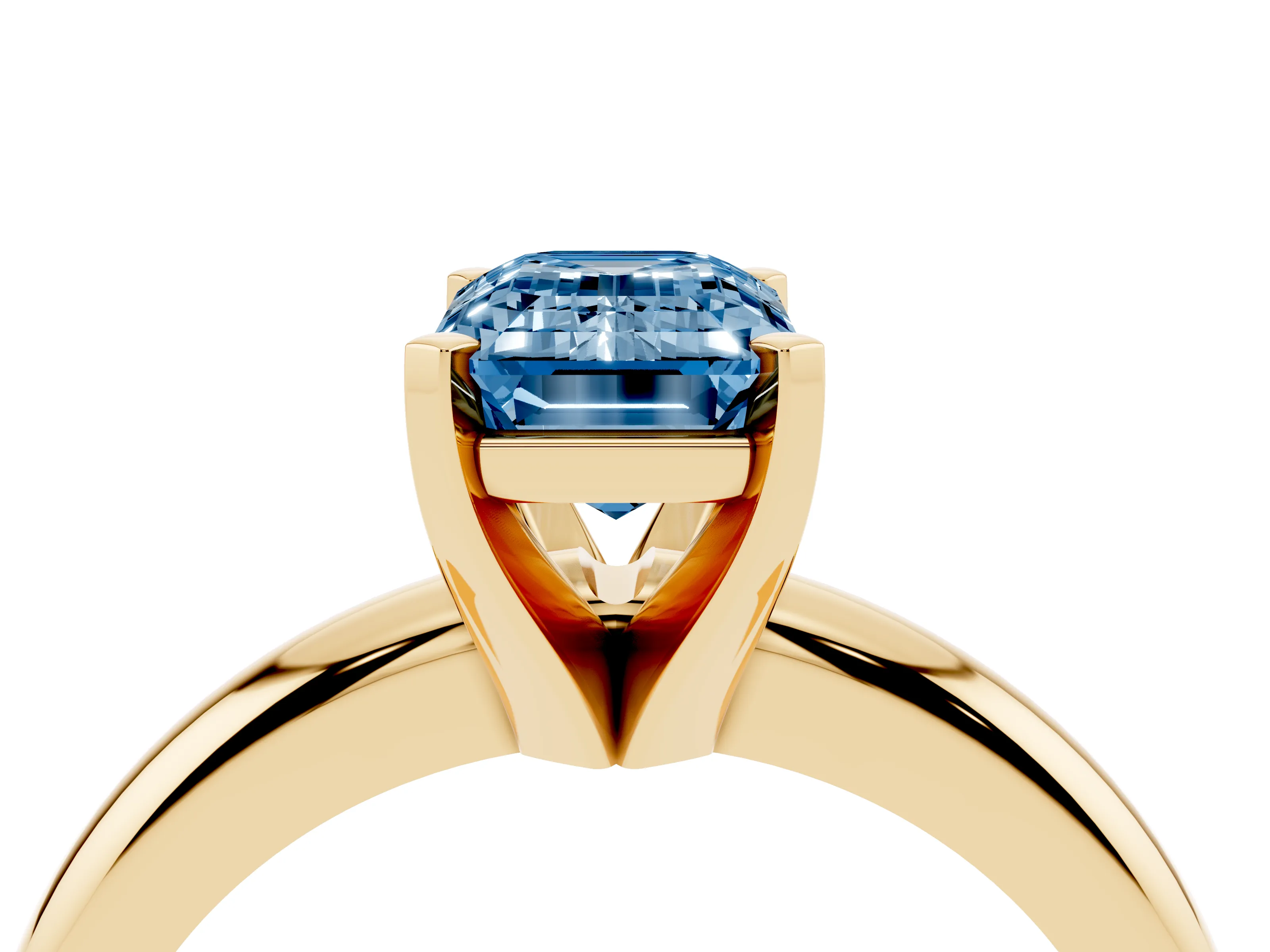Fancy Blue Emerald Cut Diamond Solitaire Engagement Ring Set in Yellow gold with Round Band and Prong Setting