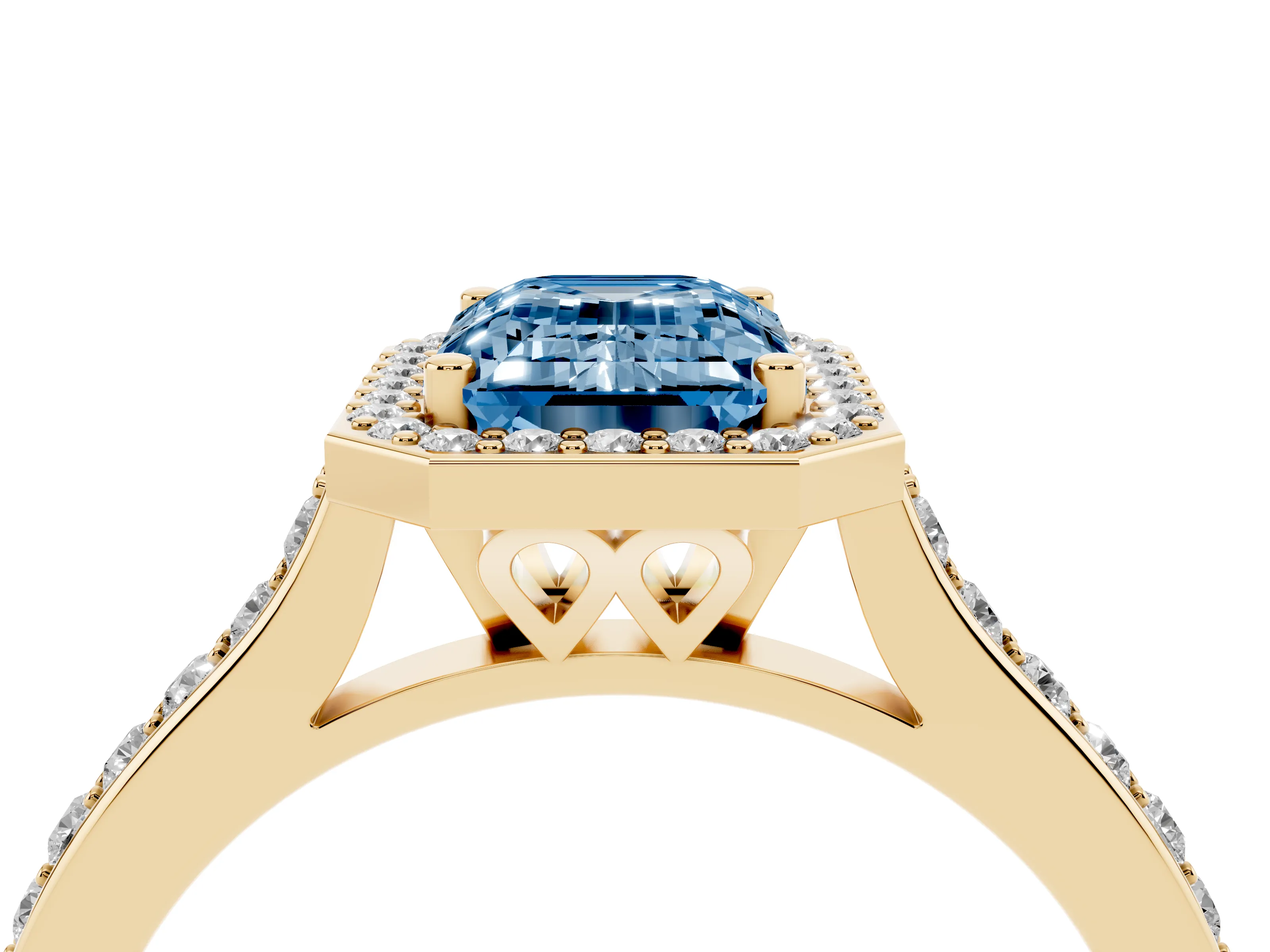 Fancy Blue Emerald Cut Diamond Halo Engagement Ring Set in Yellow gold with Round Pavé Shoulders and Heart Gallery