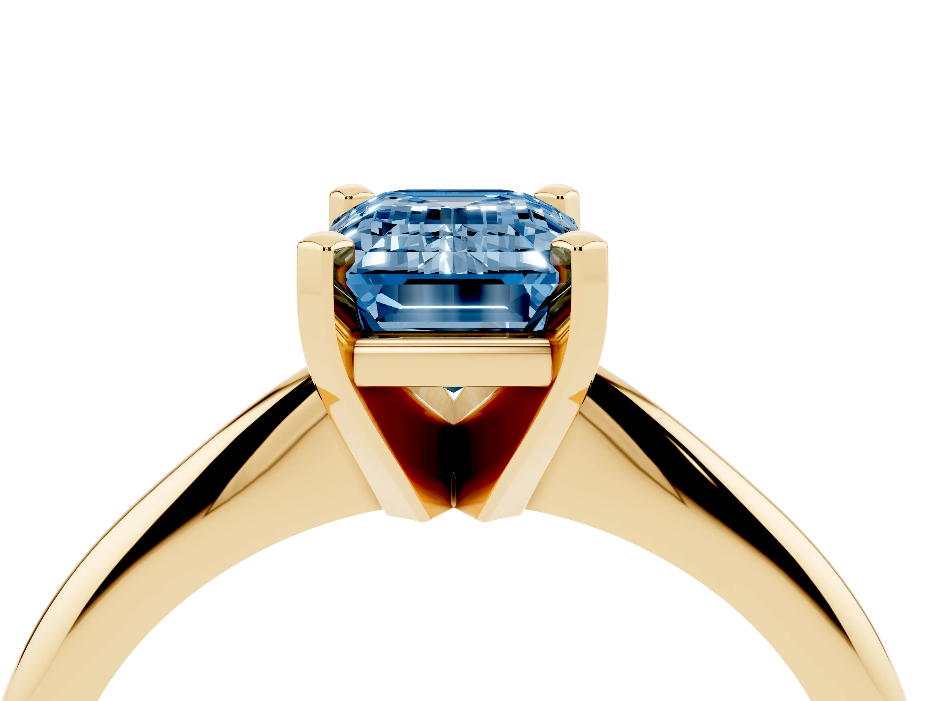 Fancy Blue Emerald Cut Diamond Solitaire Ring Set in Yellow gold with Prong Setting on a Plain Round Band
