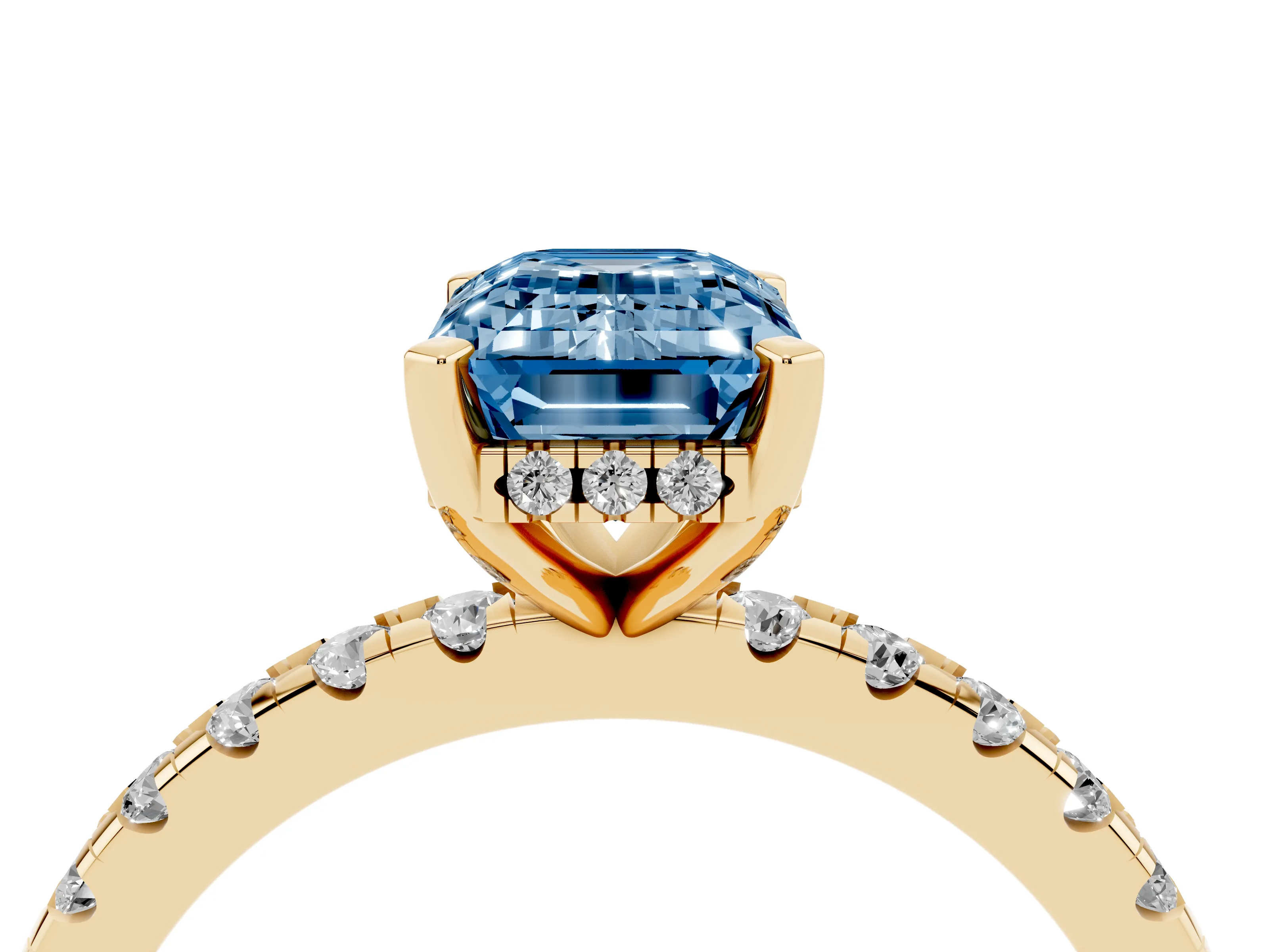 Fancy Blue Emerald Cut Diamond Pavé Solitaire Ring Set in Yellow gold with Round Band Accents and Prong Setting