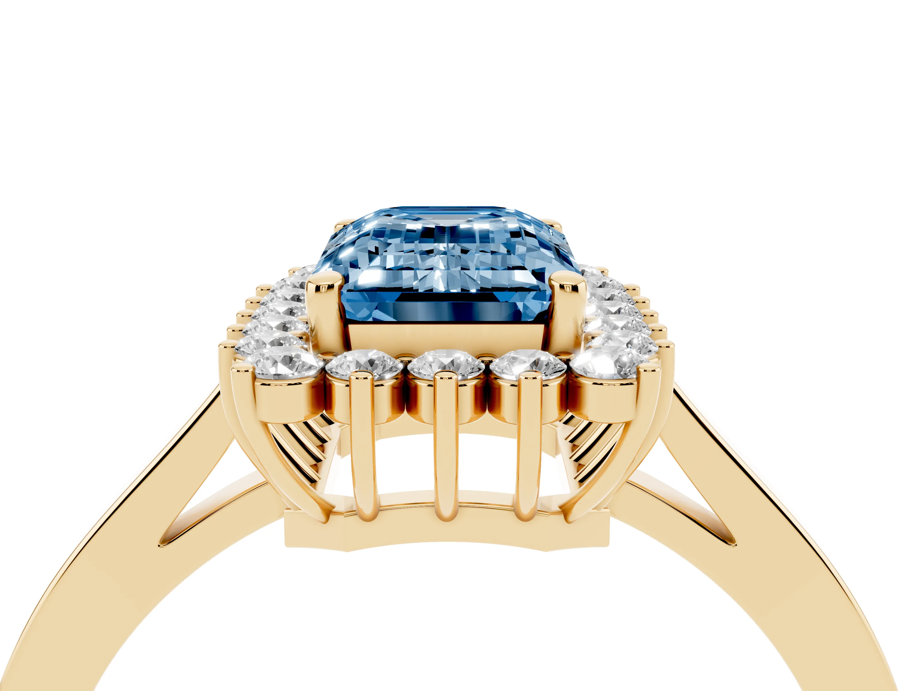Fancy Blue Emerald Cut Diamond Halo Ring Set in Yellow gold with Round Halo and Smooth Solitaire Band