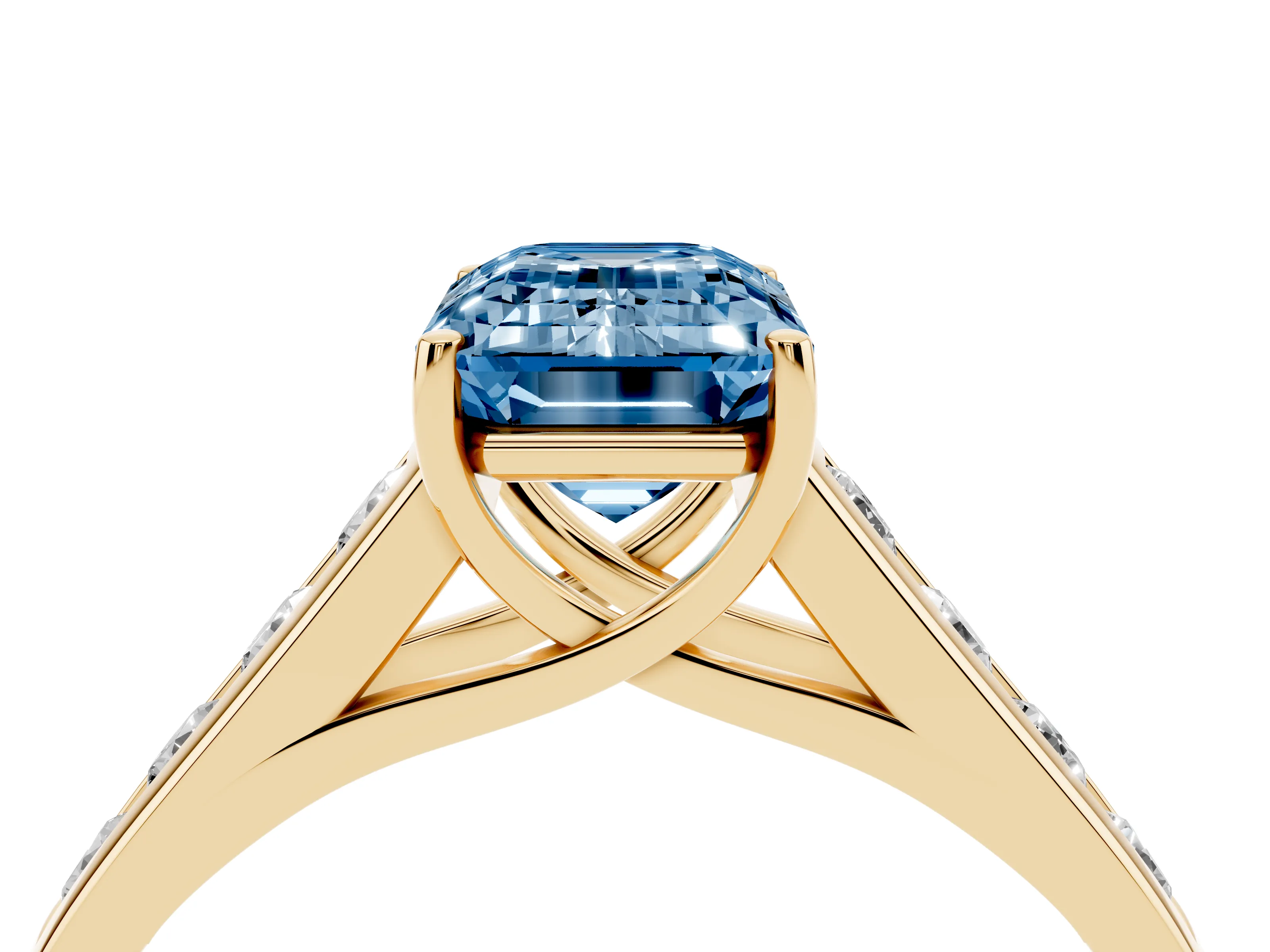 Fancy Blue Emerald Cut Diamond Brilliant Channel-Set Solitaire Ring Set in Yellow gold with Prong Setting