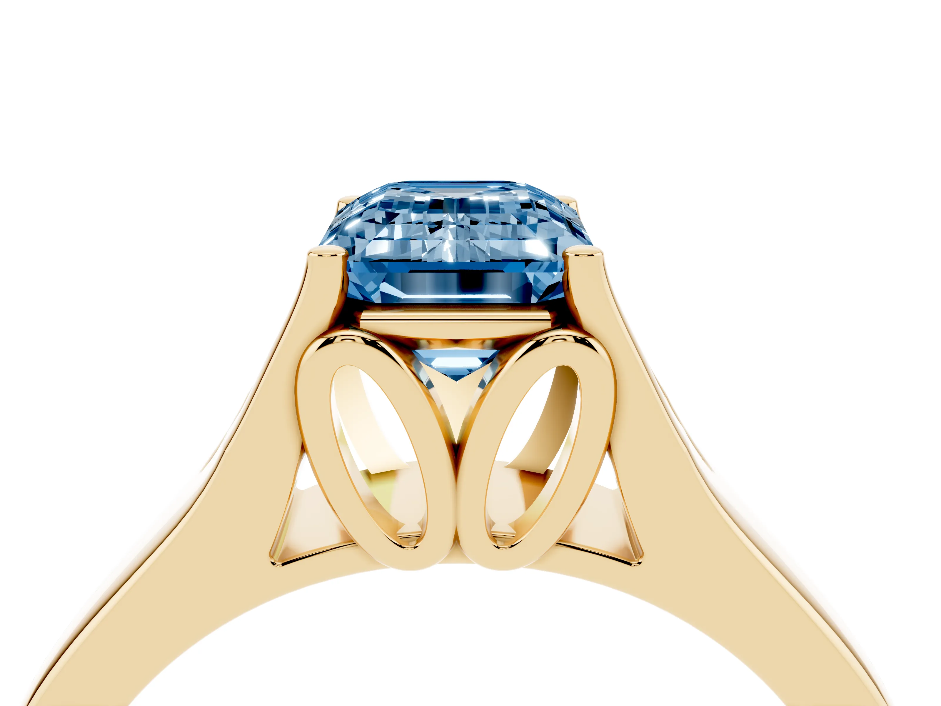 Fancy Blue Emerald Cut Diamond Solitaire Ring Set in Yellow gold with Arched Cathedral Band and Prong Setting