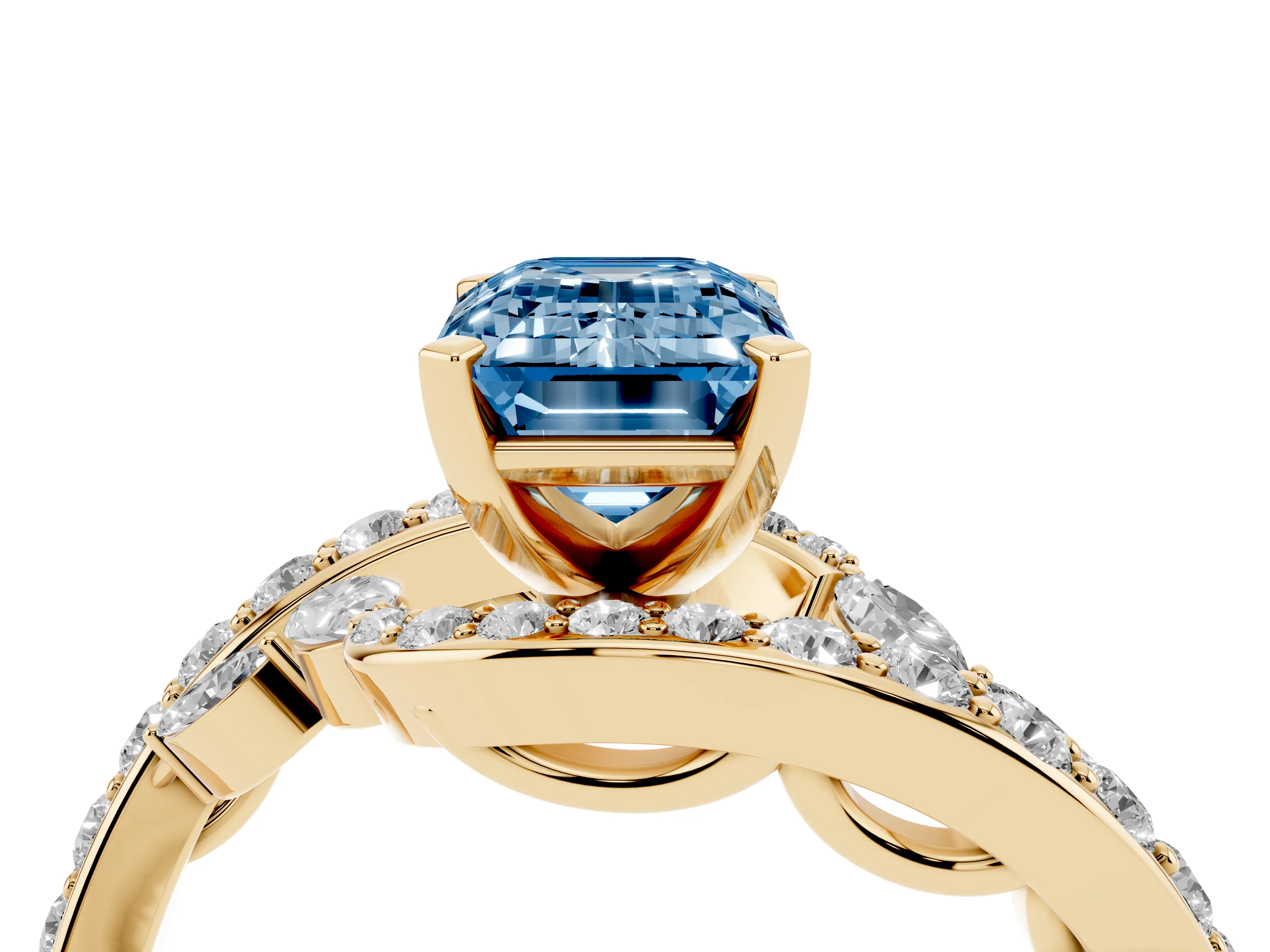 Fancy Blue Emerald Cut Diamond Solitaire Ring Set in Yellow gold with Pavé Twist Band and Secure Prong Setting