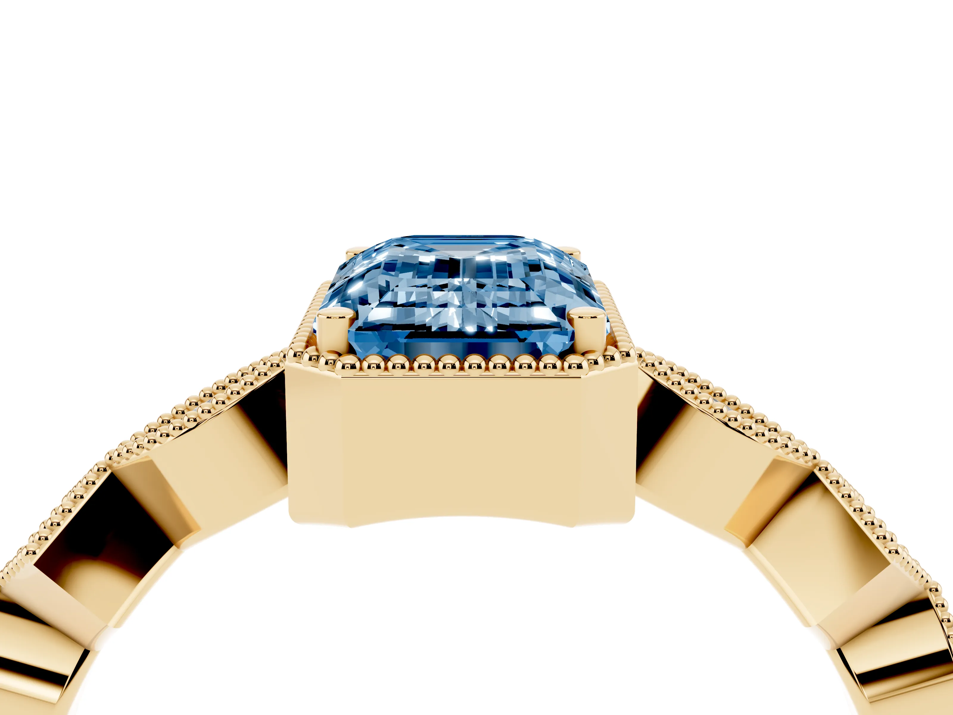 Fancy Blue Emerald Cut Diamond Milgrain Marquise Twist Band Ring Set in Yellow gold with Prong Setting