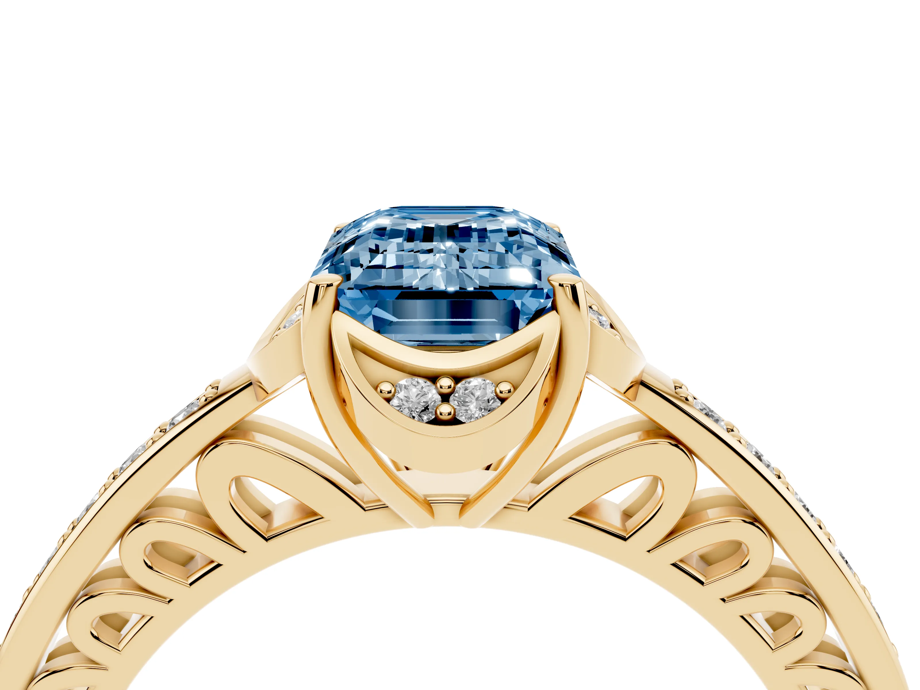 Fancy Blue Emerald Cut Diamond Halo Ring Set in Yellow gold with Channel Set Band and Prong Setting