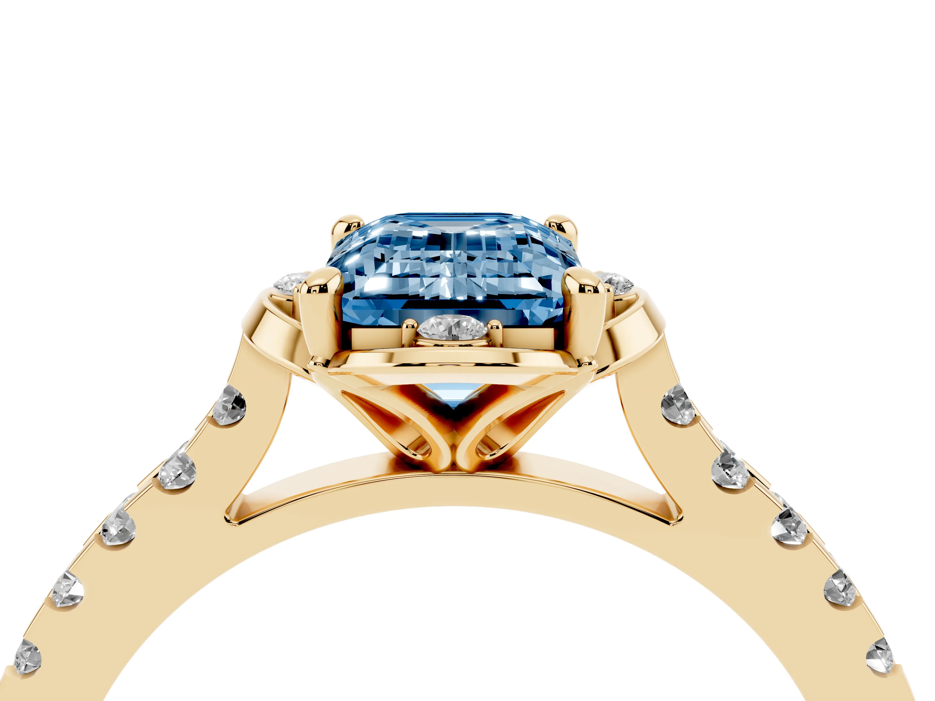 Fancy Blue Emerald Cut Diamond Solitaire Ring Set in Yellow gold with Pavé Band and Floral Prong Setting