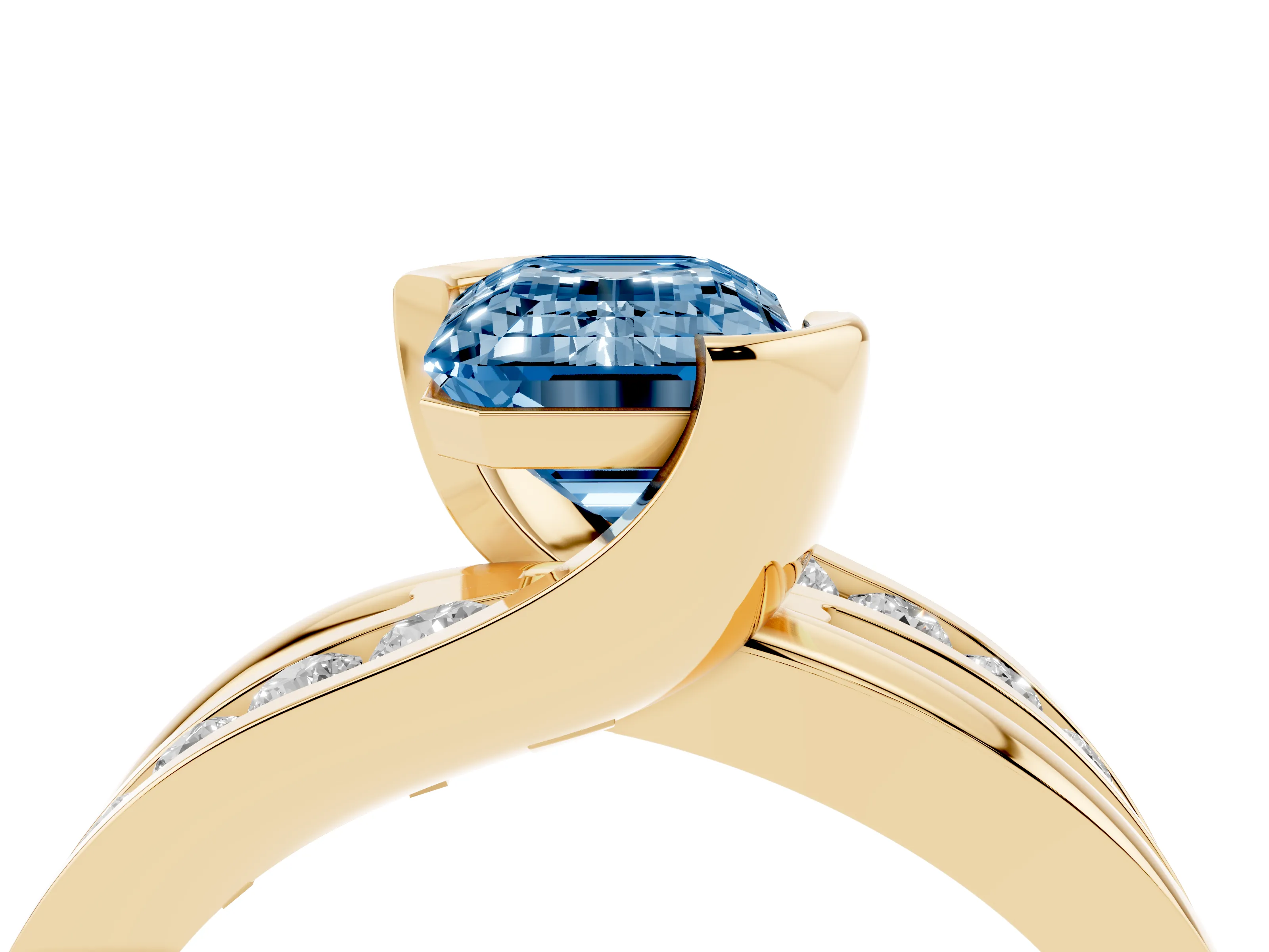 Fancy Blue Emerald Cut Diamond Solitaire Ring Set in Yellow gold with Channel Set Split Shank and Tension Prongs