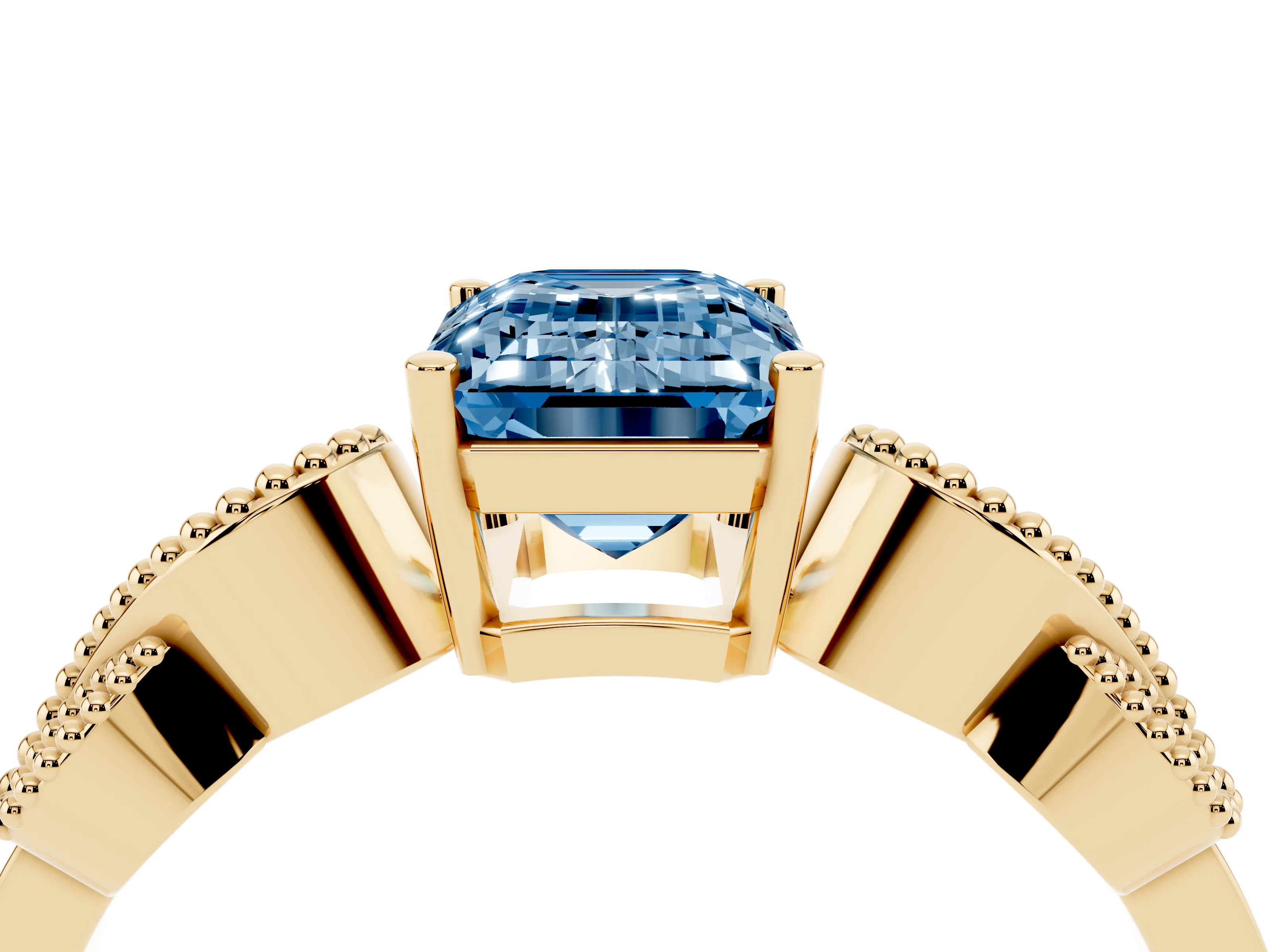 Fancy Blue Emerald Cut Diamond Milgrain Leaf Band Solitaire Ring Set in Yellow gold with Accent Stones and Prong Setting