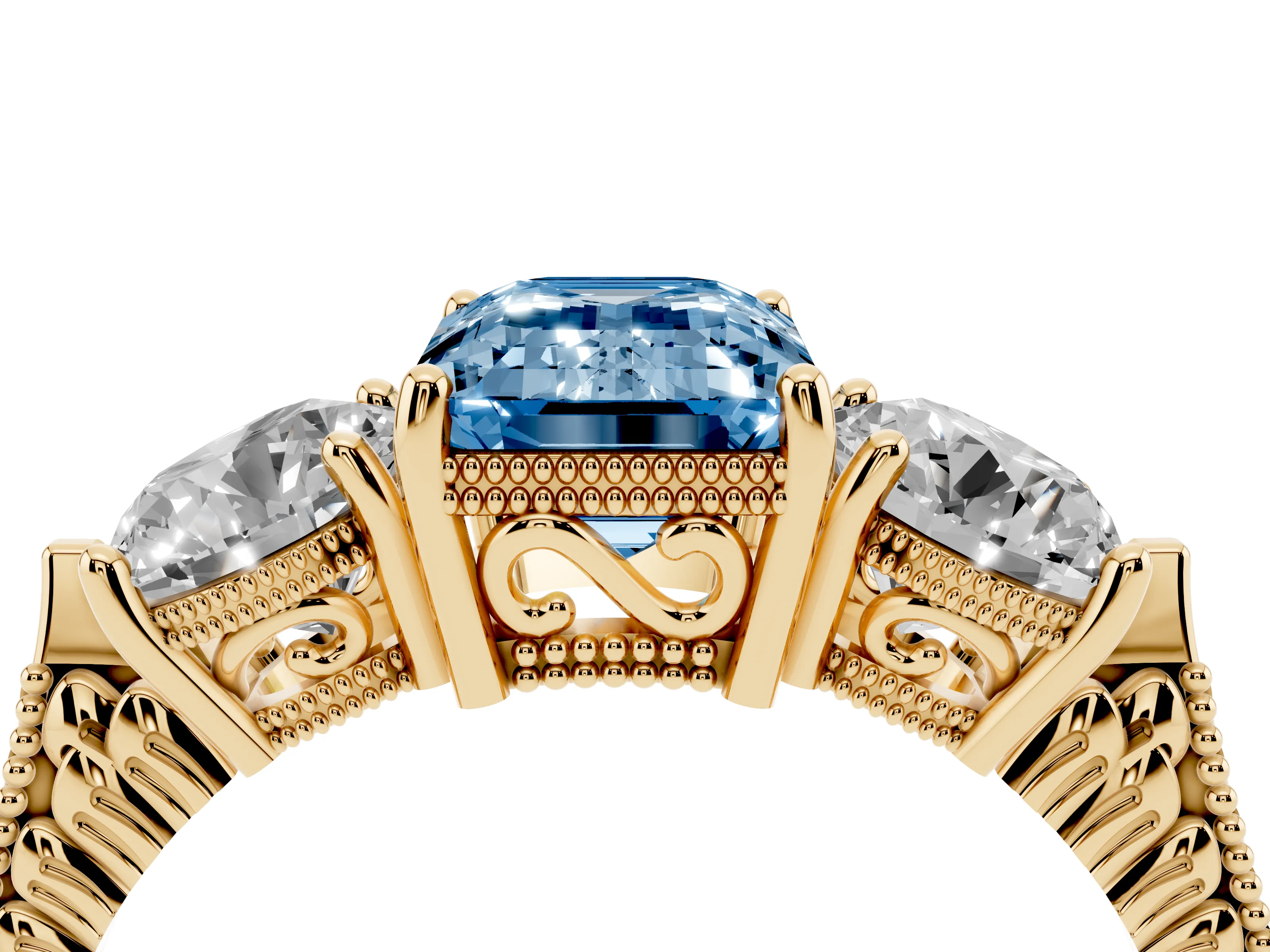 Fancy Blue Emerald Cut Diamond Three-Stone Ring Set in Yellow gold with Milgrain Band