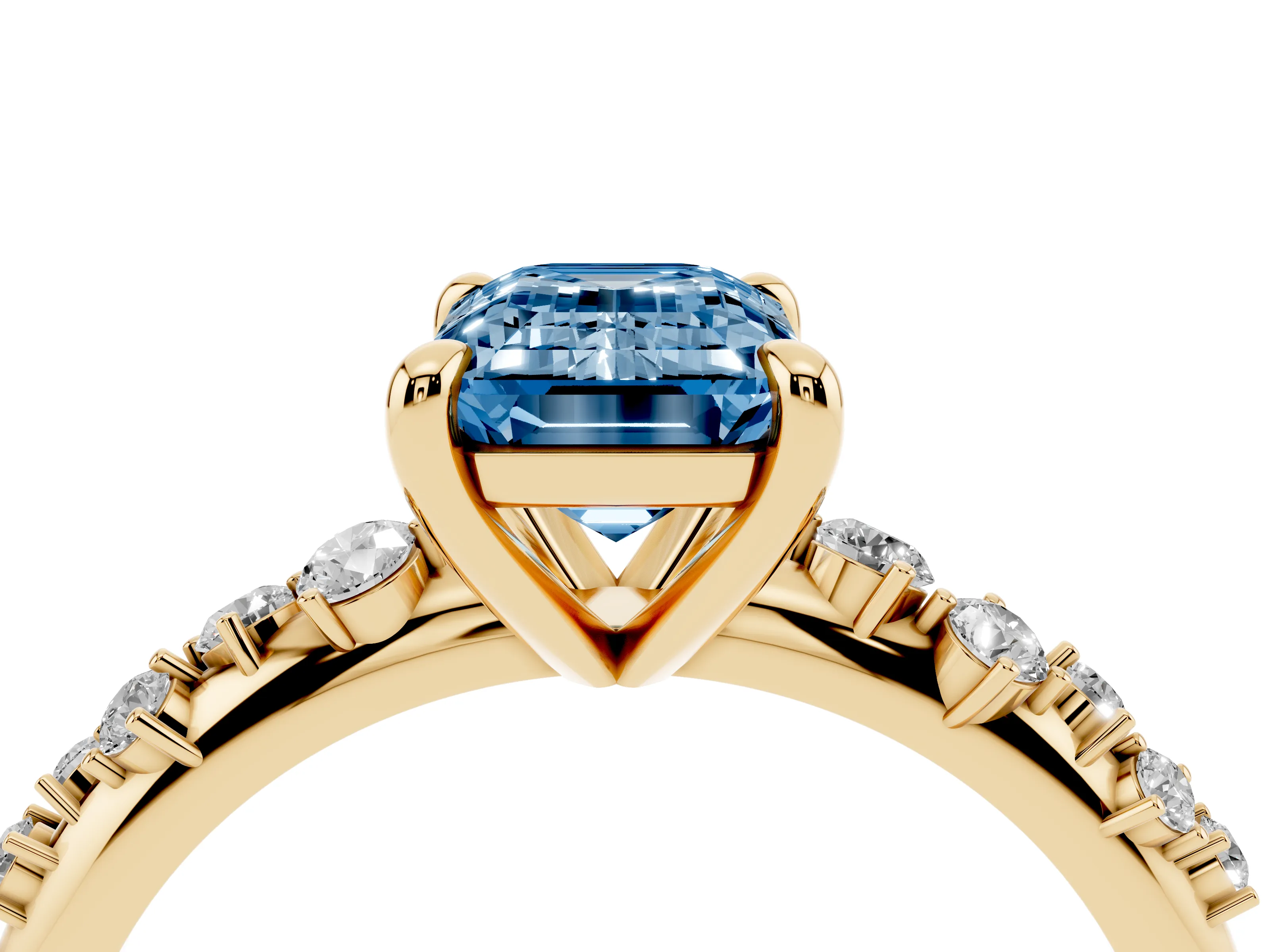 Fancy Blue Emerald Cut Diamond Solitaire Vine Band Ring Set in Yellow gold with Round Accents and Prong Setting