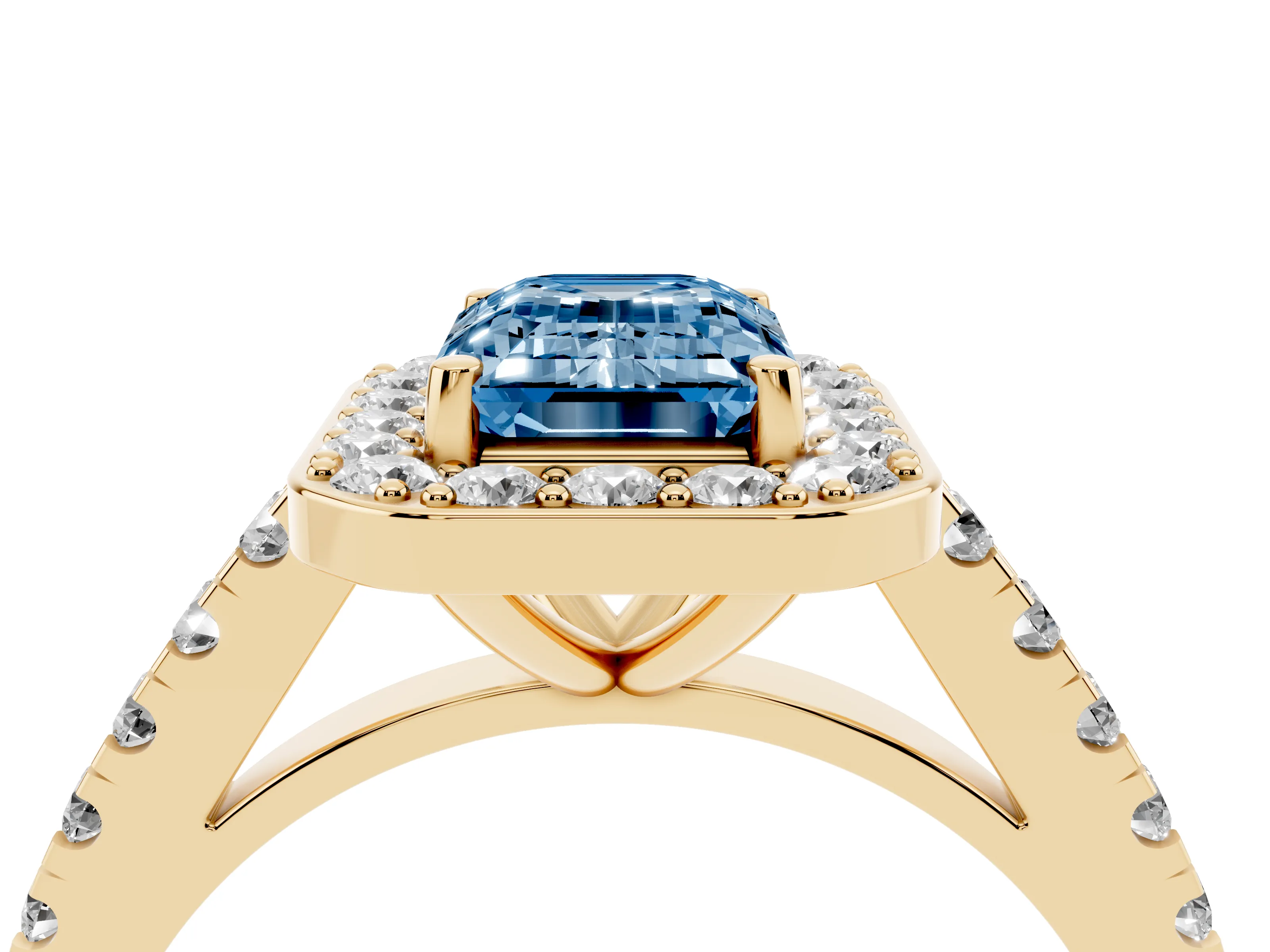 Fancy Blue Emerald Cut Diamond Halo Ring Set in Yellow gold with Round Pavé Split Shank and Prong Setting