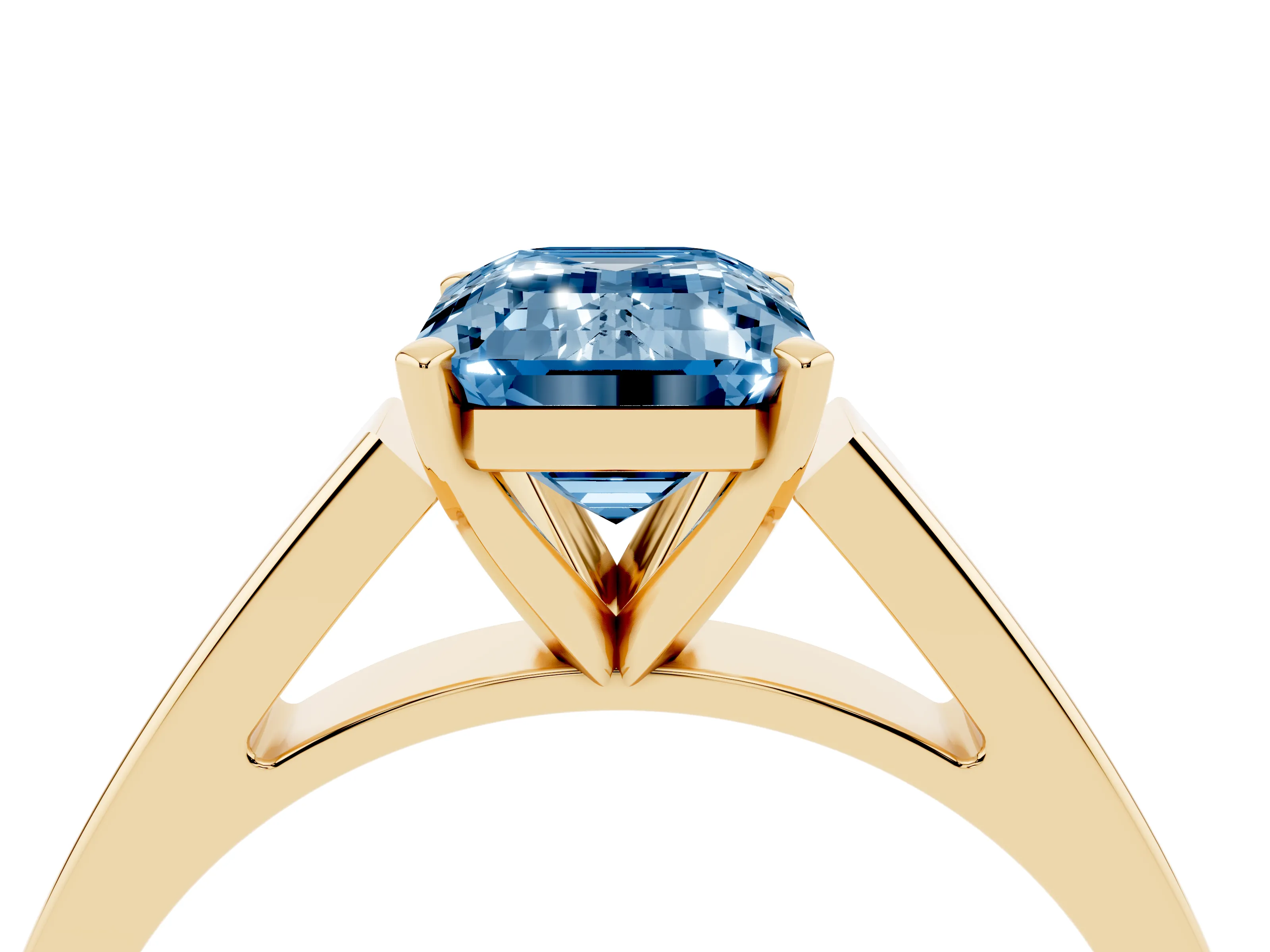Fancy Blue Emerald Cut Diamond Solitaire Engagement Ring Set in Yellow gold with Prong Setting and Tapered Band