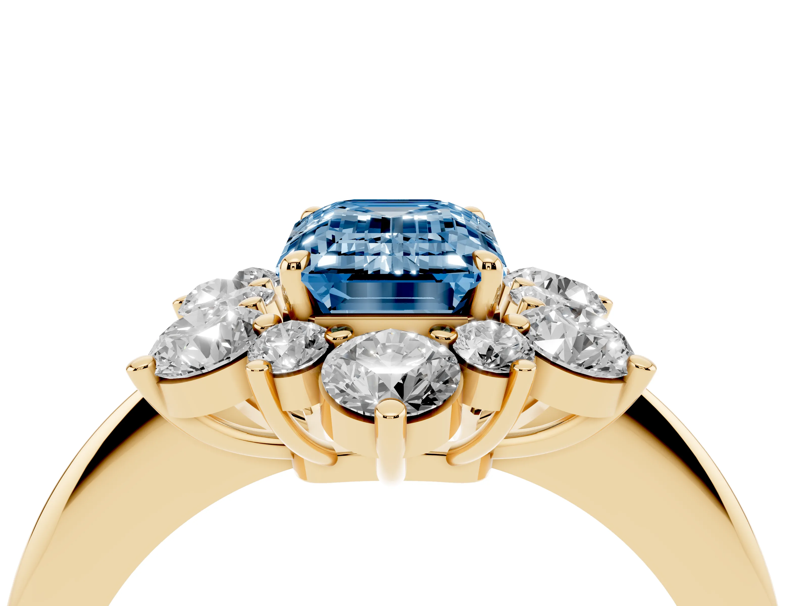 Fancy Blue Emerald Cut Diamond Cluster Halo Ring Set in Yellow gold with Solitaire Band and Prong Setting