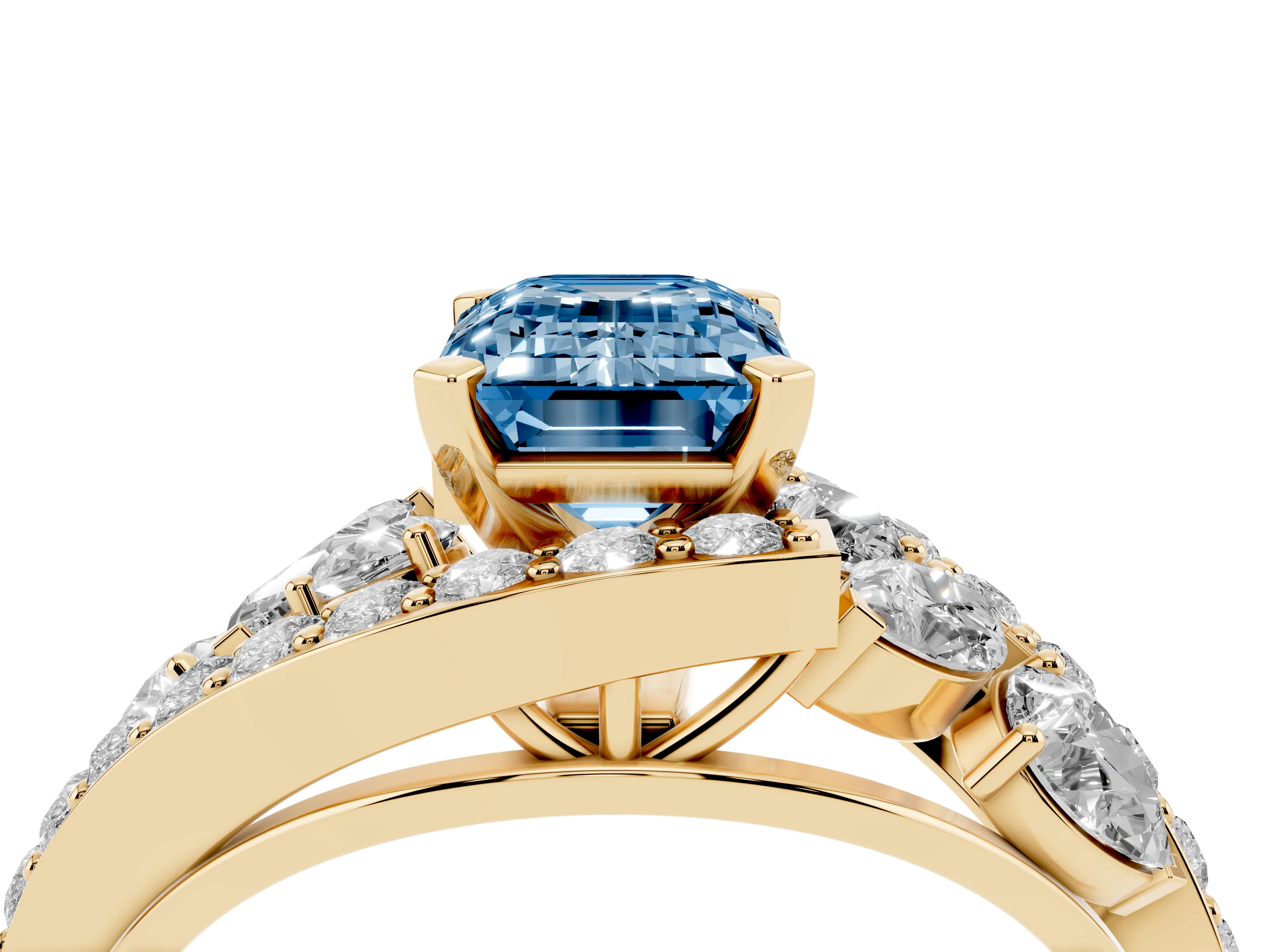 Fancy Blue Emerald Cut Diamond Halo Ring Set in Yellow gold with Marquise and Pavé Band in Prong Setting