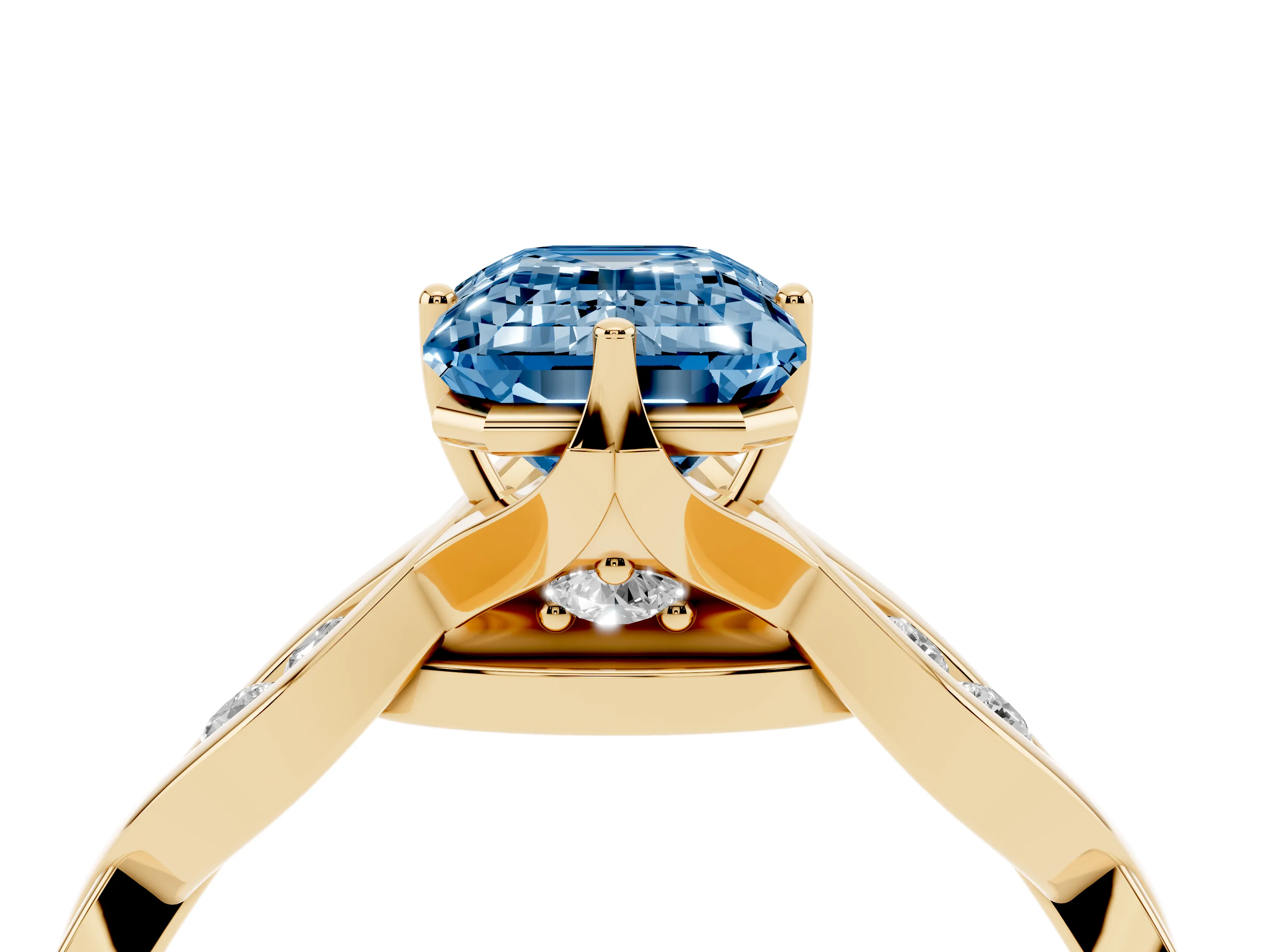 Fancy Blue Emerald Cut Diamond Twist Band Solitaire Ring Set in Yellow gold with Leaf Prong Setting and Accent Stones