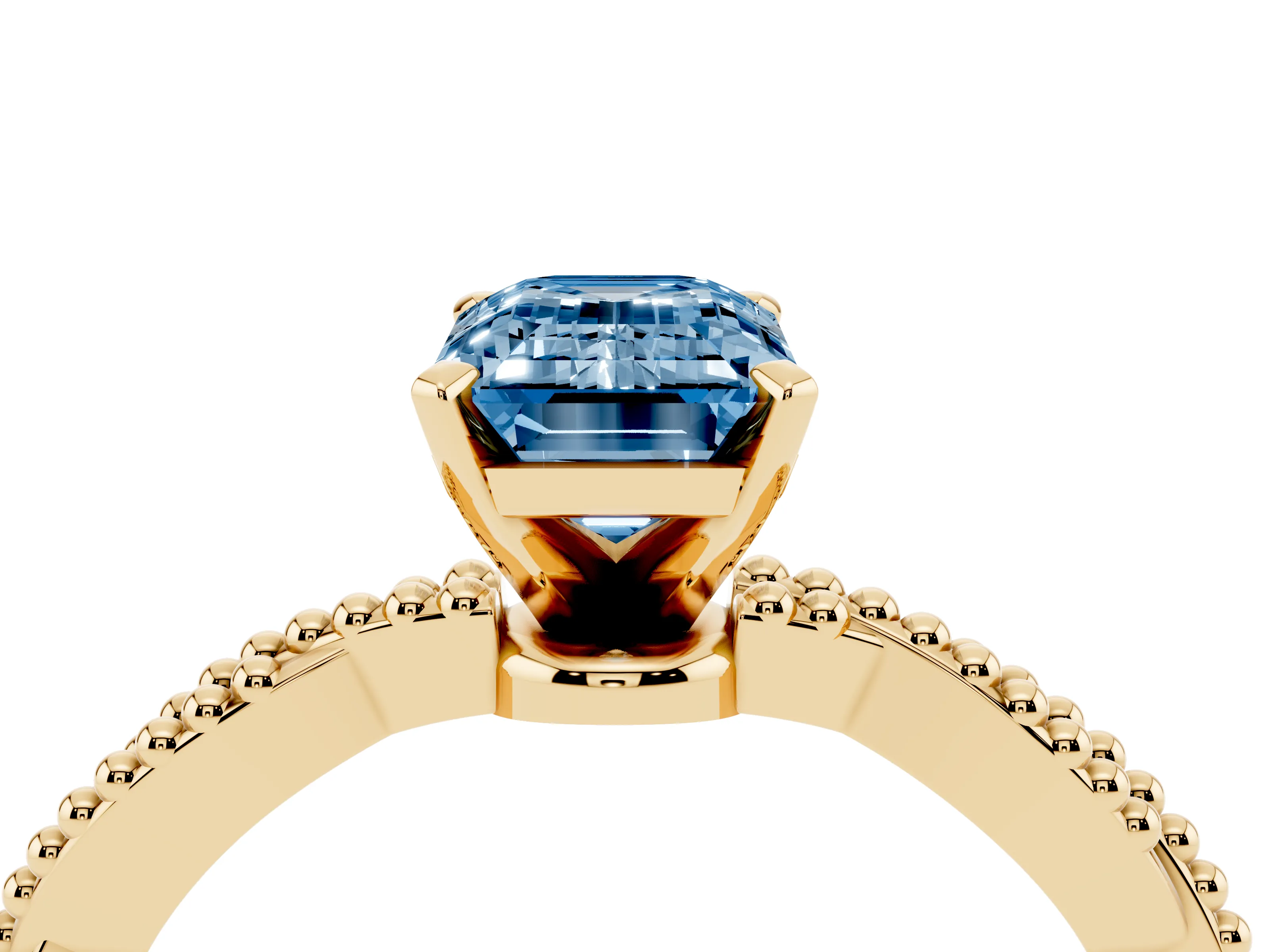 Fancy Blue Emerald Cut Diamond Solitaire Ring Set in Yellow gold with Twisted Band and Bead Prong Setting