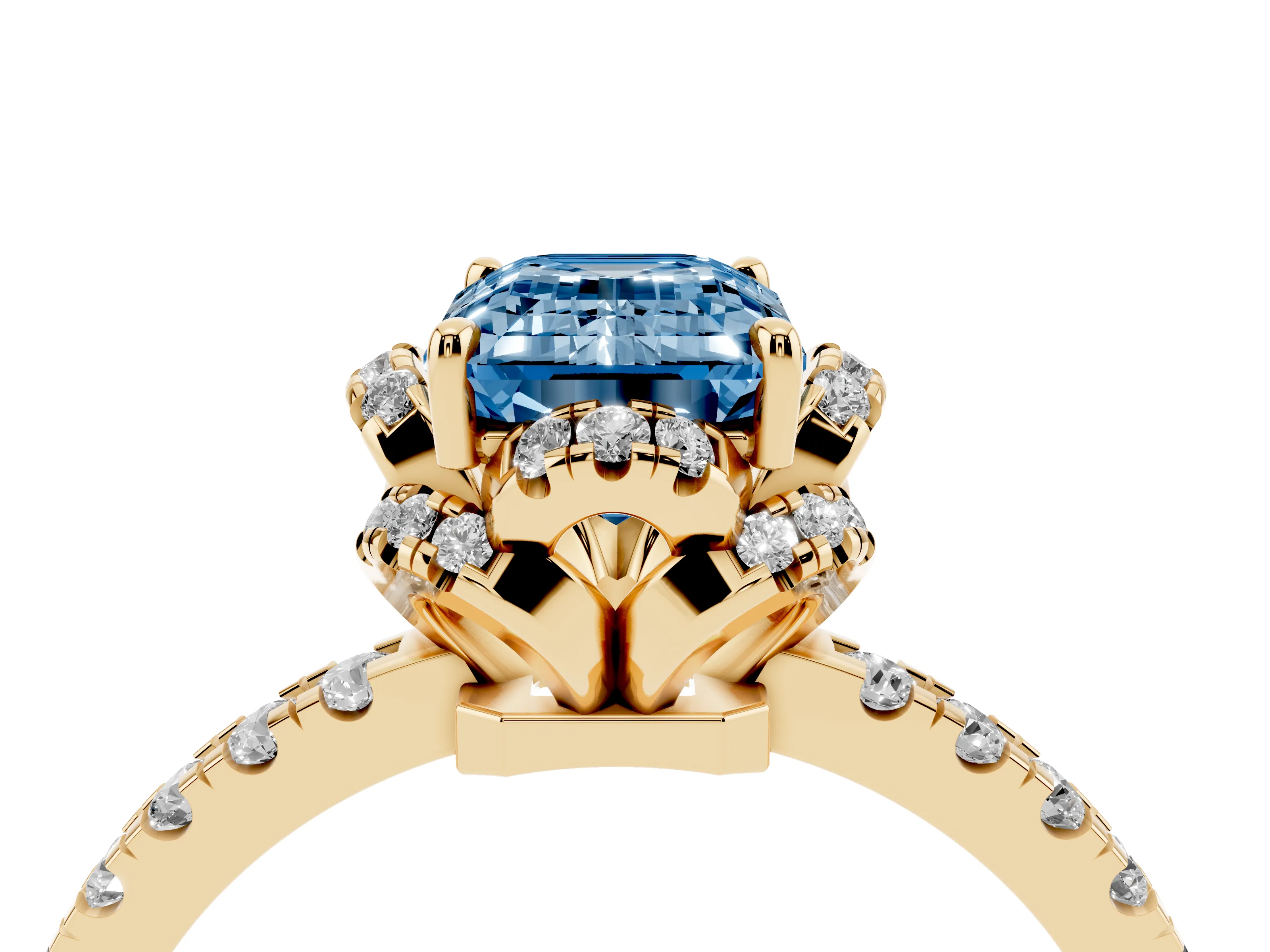 Fancy Blue Emerald Cut Diamond Halo Pavé Band Ring Set in Yellow gold with Prong-Held Center