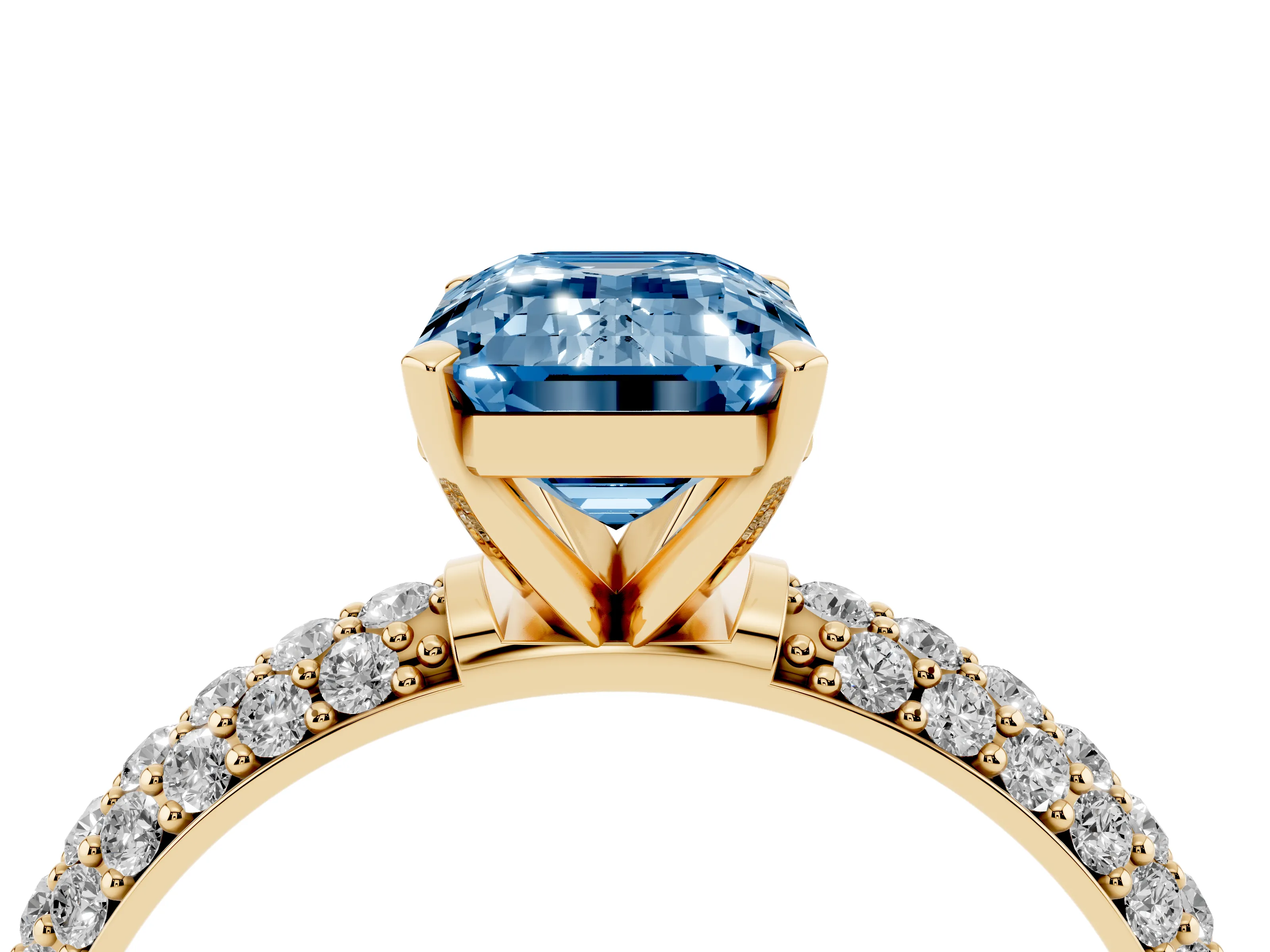 Fancy Blue Emerald Cut Diamond Solitaire Ring Set in Yellow gold with Prong Setting and Pavé-Set Band