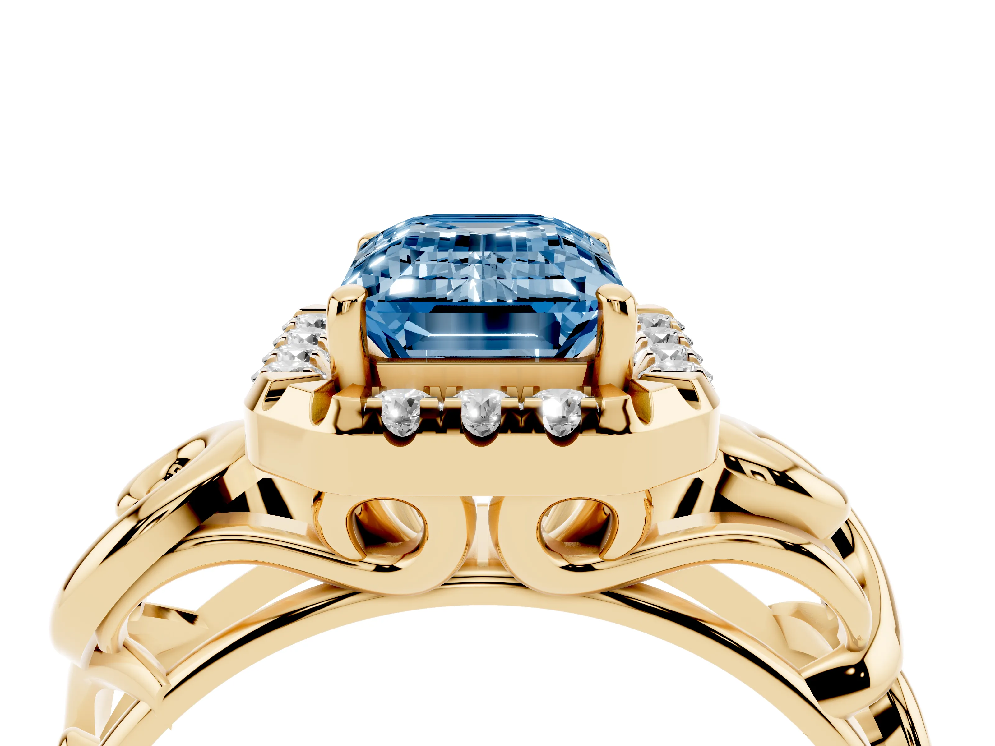 Fancy Blue Emerald Cut Diamond Halo Ring Set in Yellow gold with Scrollwork Band and Prong Setting