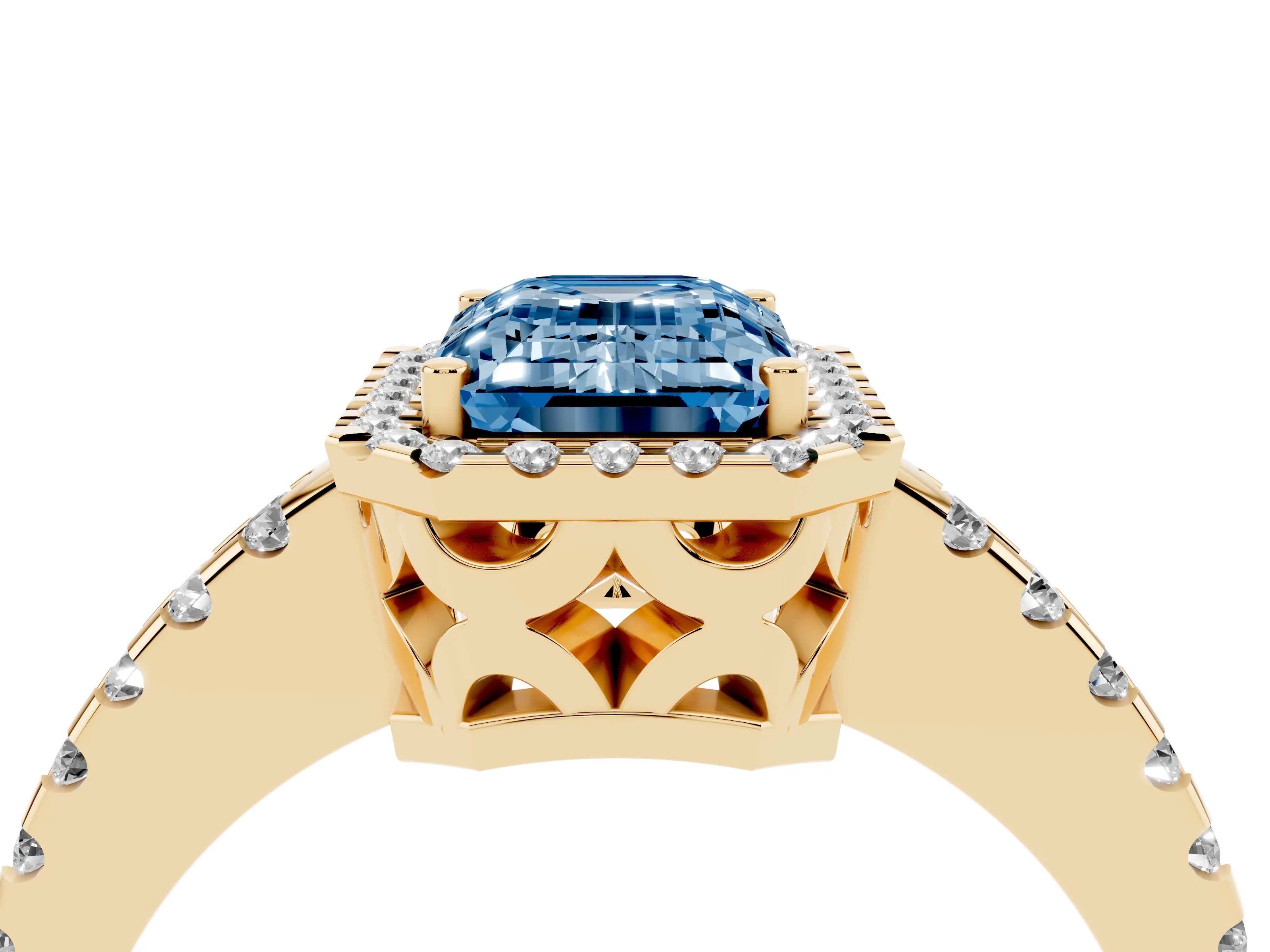 Fancy Blue Emerald Cut Diamond Halo Ring Set in Yellow gold with Pavé Shoulders and Halo-Framed Center