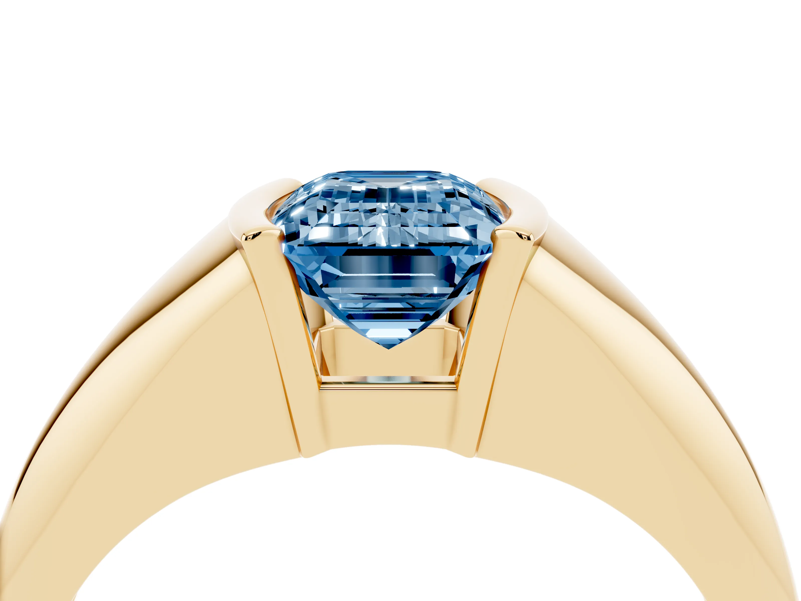 Fancy Blue Emerald Cut Diamond Solitaire Tension Set Ring Set in Yellow gold