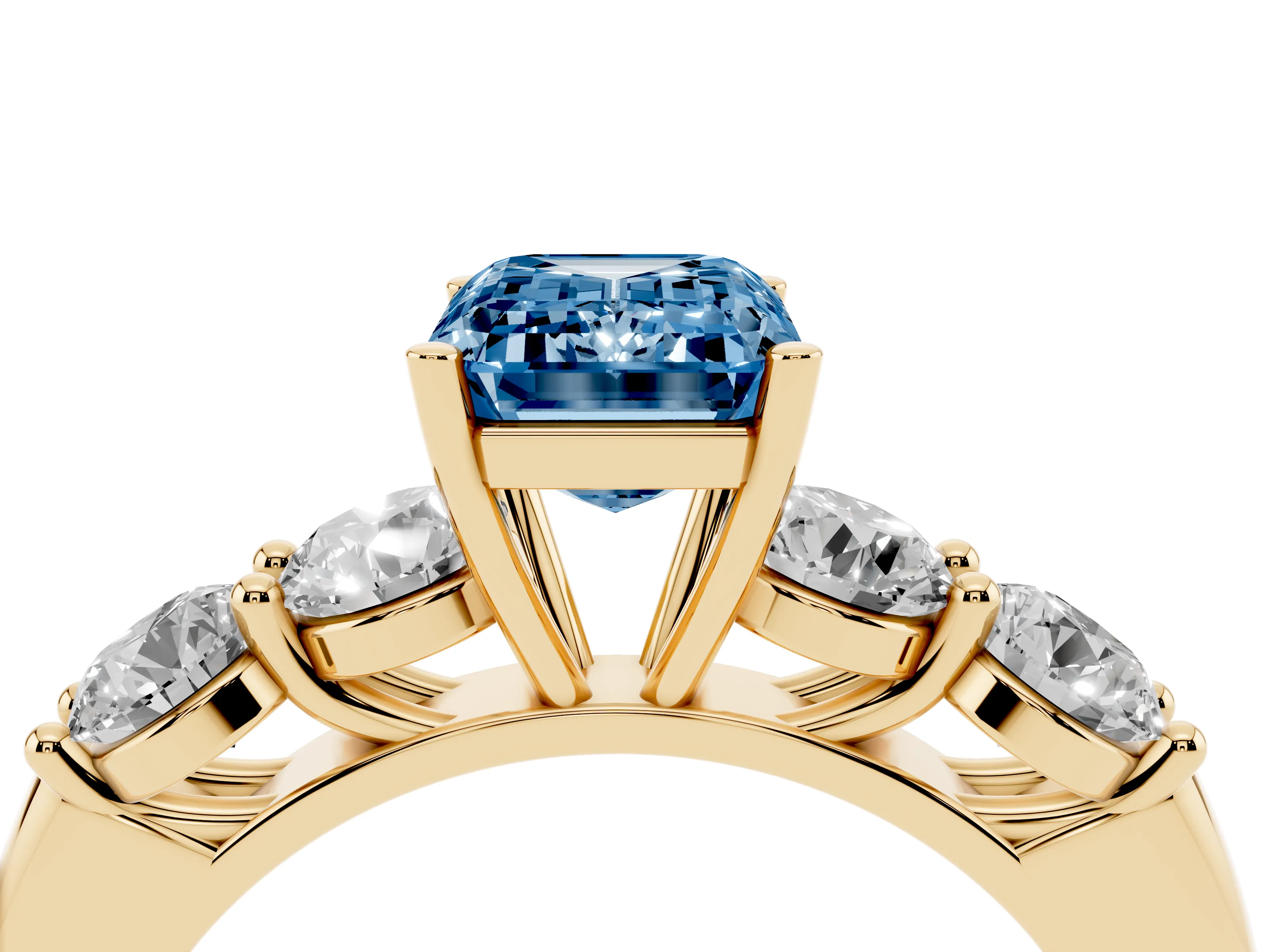 Fancy Blue Emerald Cut Diamond Five-Stone Prong Set Ring Set in Yellow gold with Classic Band