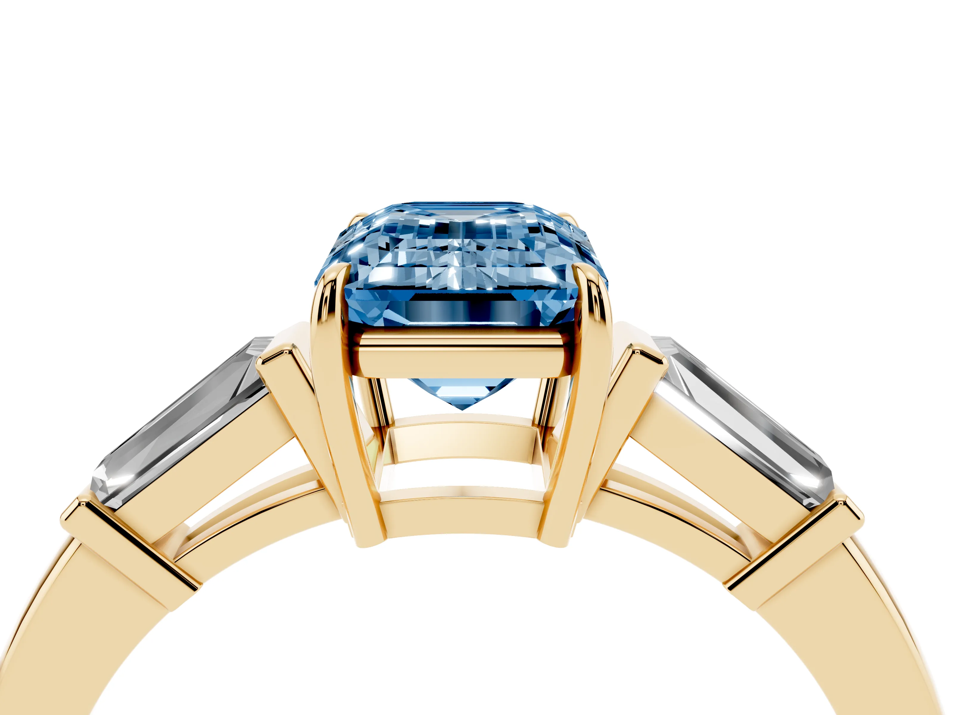 Fancy Blue Emerald Cut Diamond Three-Stone Ring Set in Yellow gold with Tapered Baguette Side Stones and Prong Setting