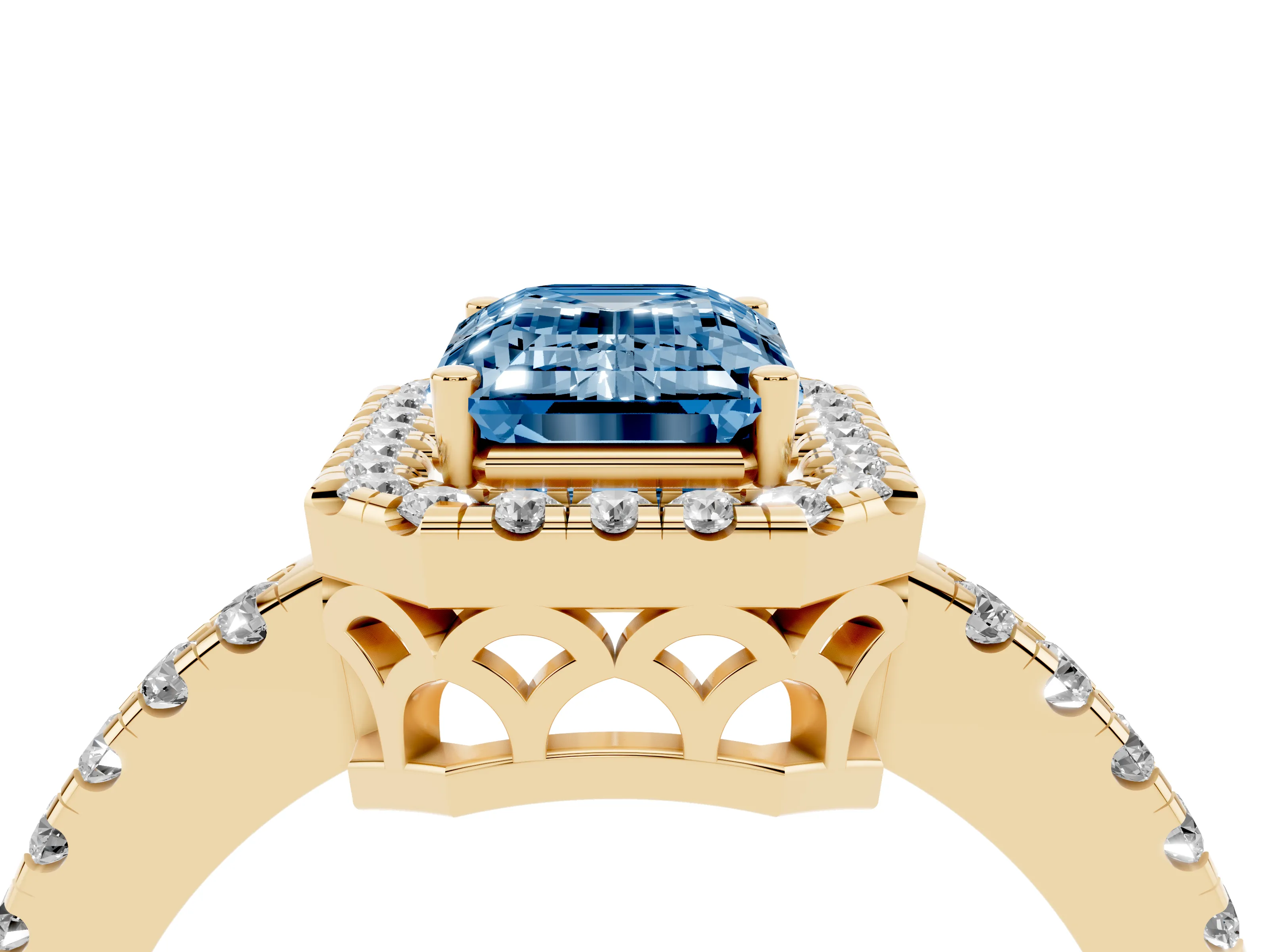 Fancy Blue Emerald Cut Diamond Pavé Band Halo Engagement Ring Set in Yellow gold with Prong Setting