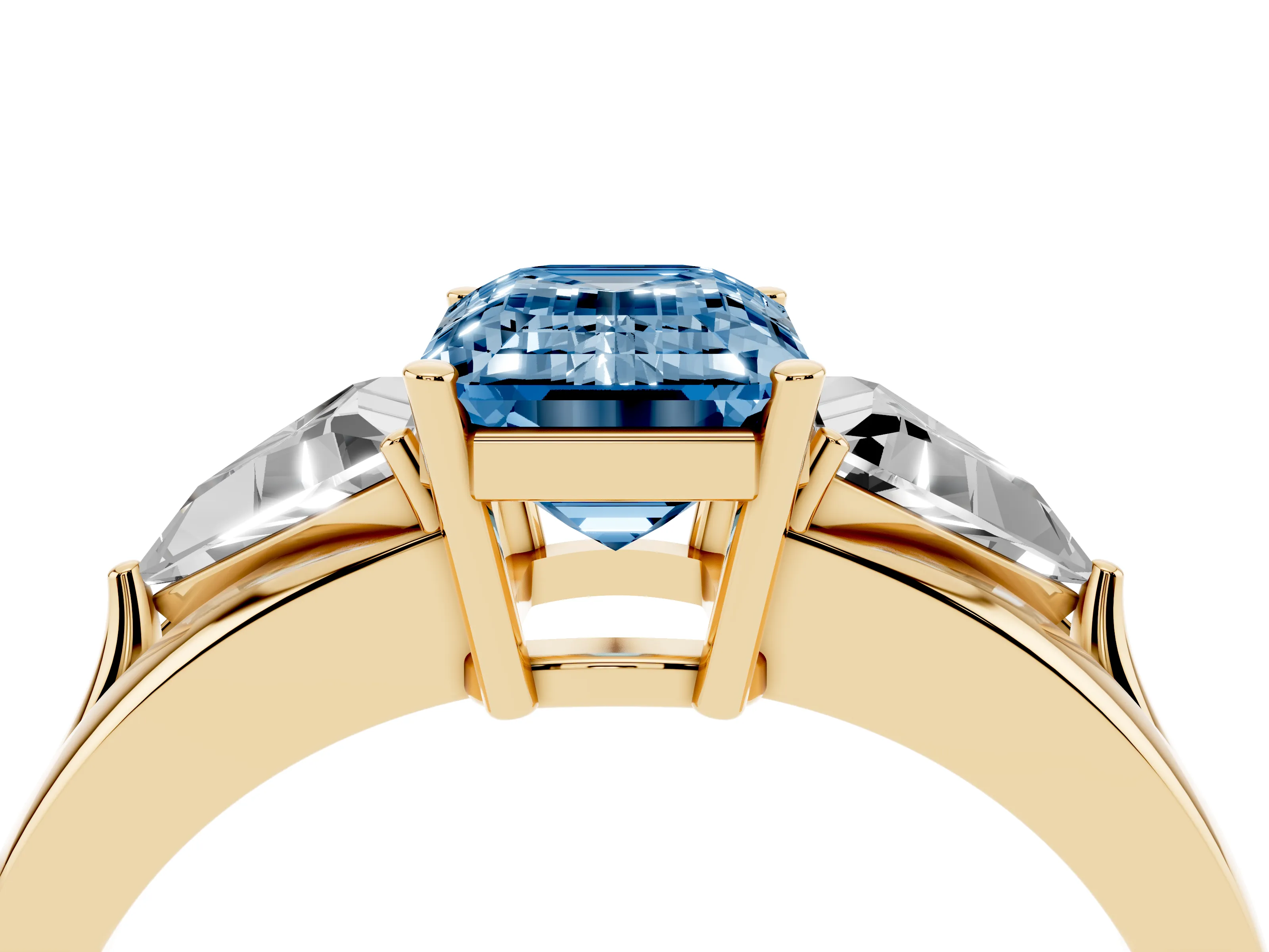 Fancy Blue Emerald Cut Diamond Three-Stone Ring Set in Yellow gold with Trillion Side Stones and Split Shank