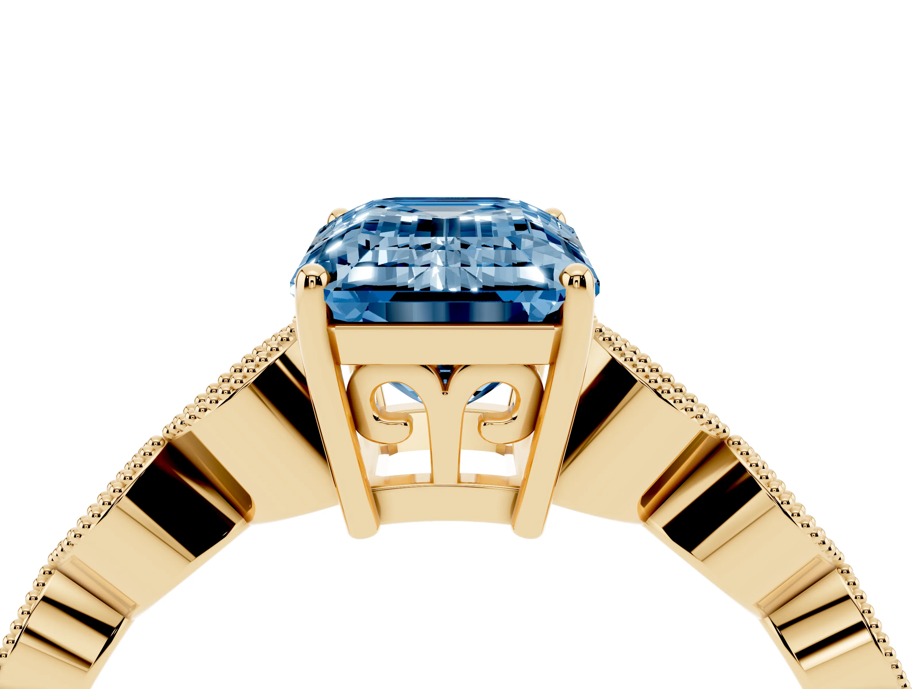 Fancy Blue Emerald Cut Diamond Solitaire Ring Set in Yellow gold with Infinity Twist Pavé Band