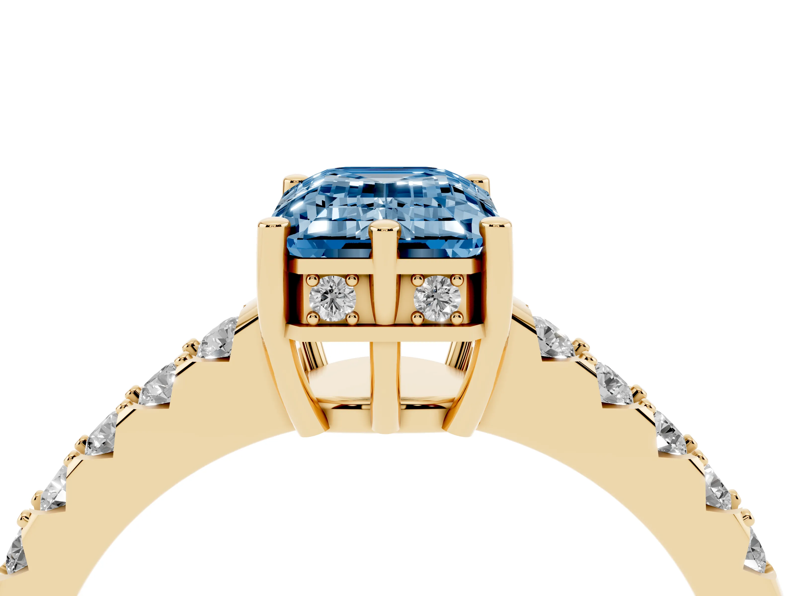 Fancy Blue Emerald Cut Diamond Solitaire Engagement Ring Set in Yellow gold with Pavé Band and Prong Setting