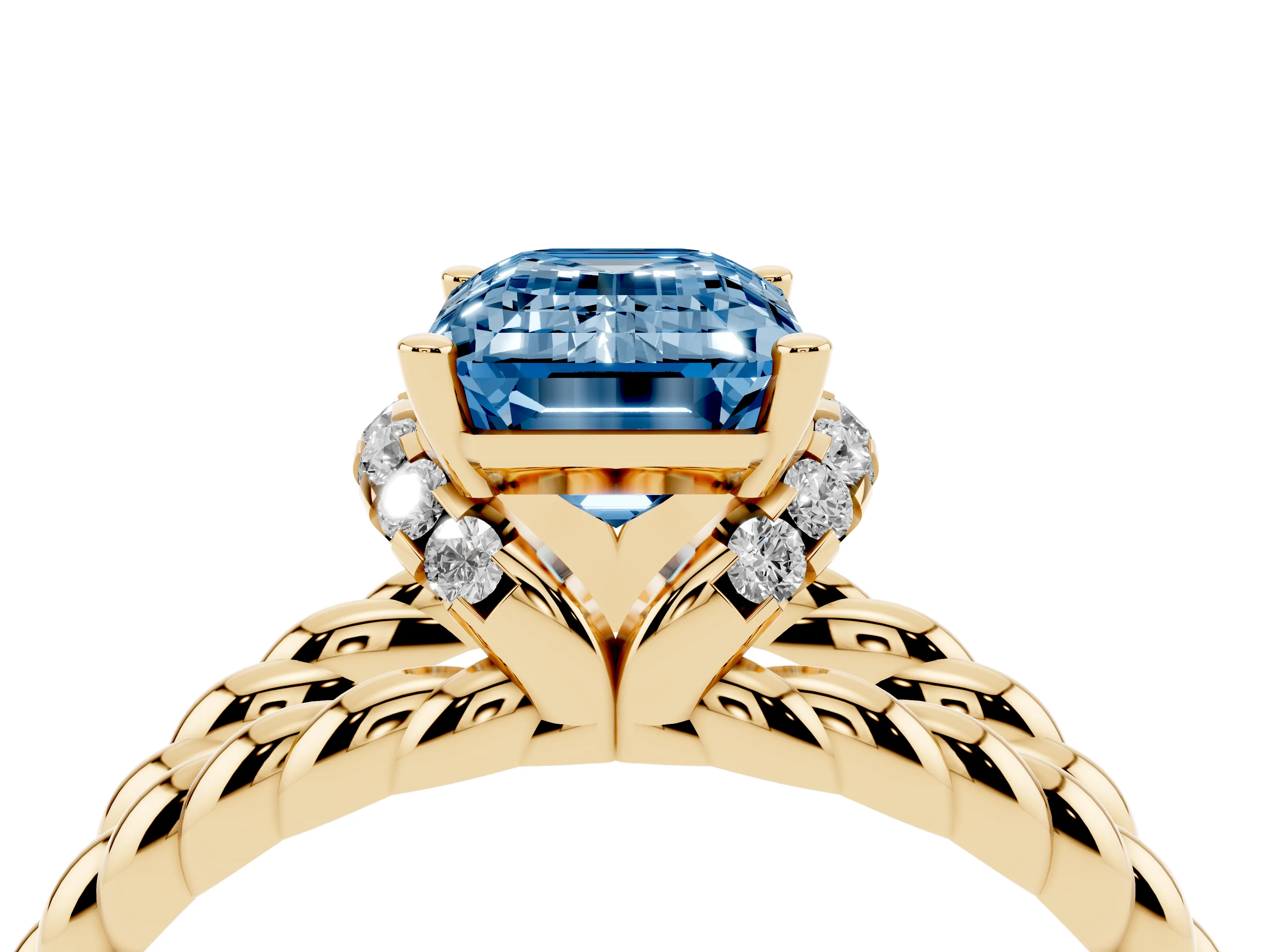 Fancy Blue Emerald Cut Diamond Halo Ring Set in Yellow gold with Twisted Band and Prong Setting