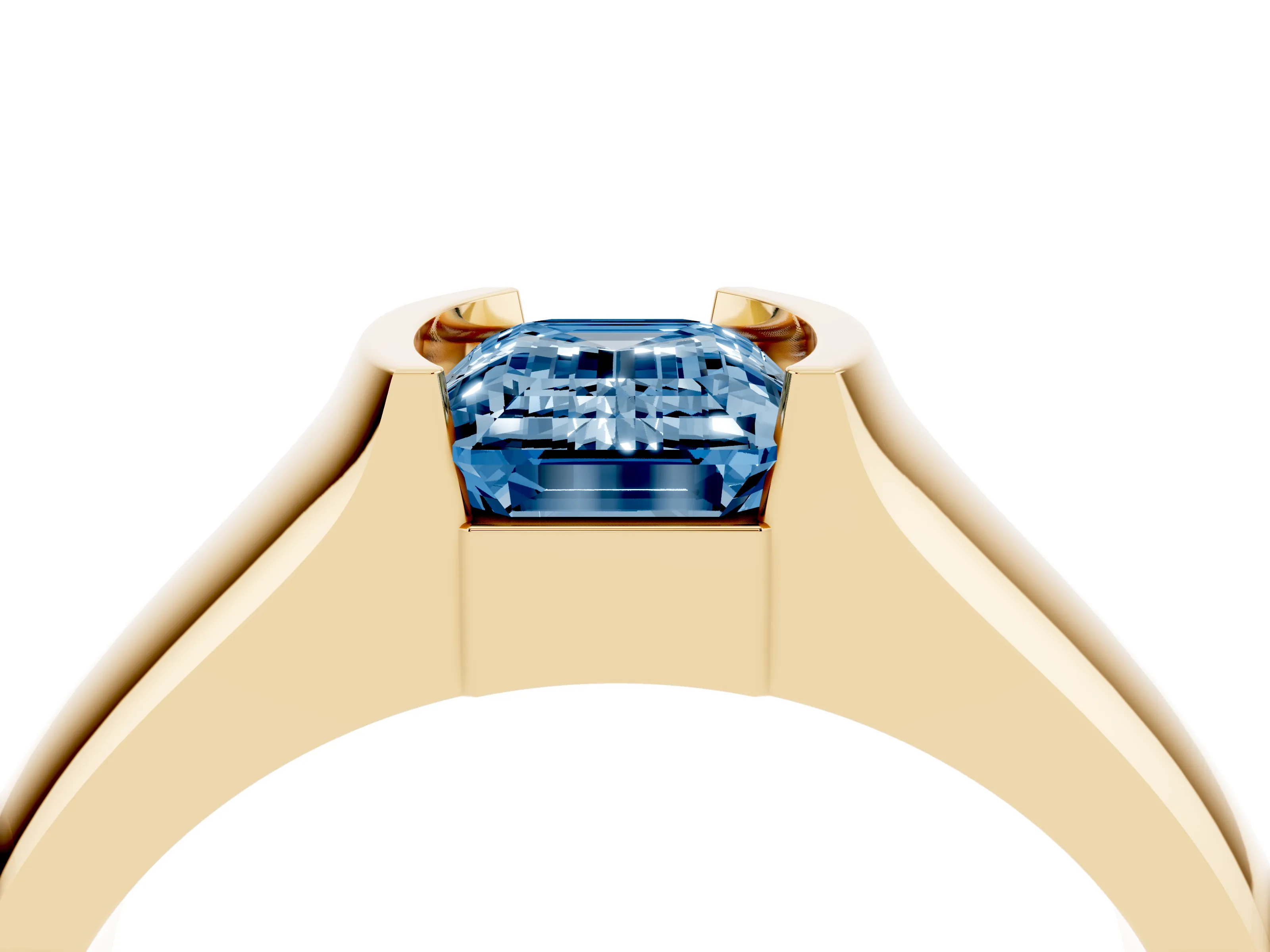 Fancy Blue Emerald Cut Diamond Bezel Solitaire Ring Set in Yellow gold with Wide Band
