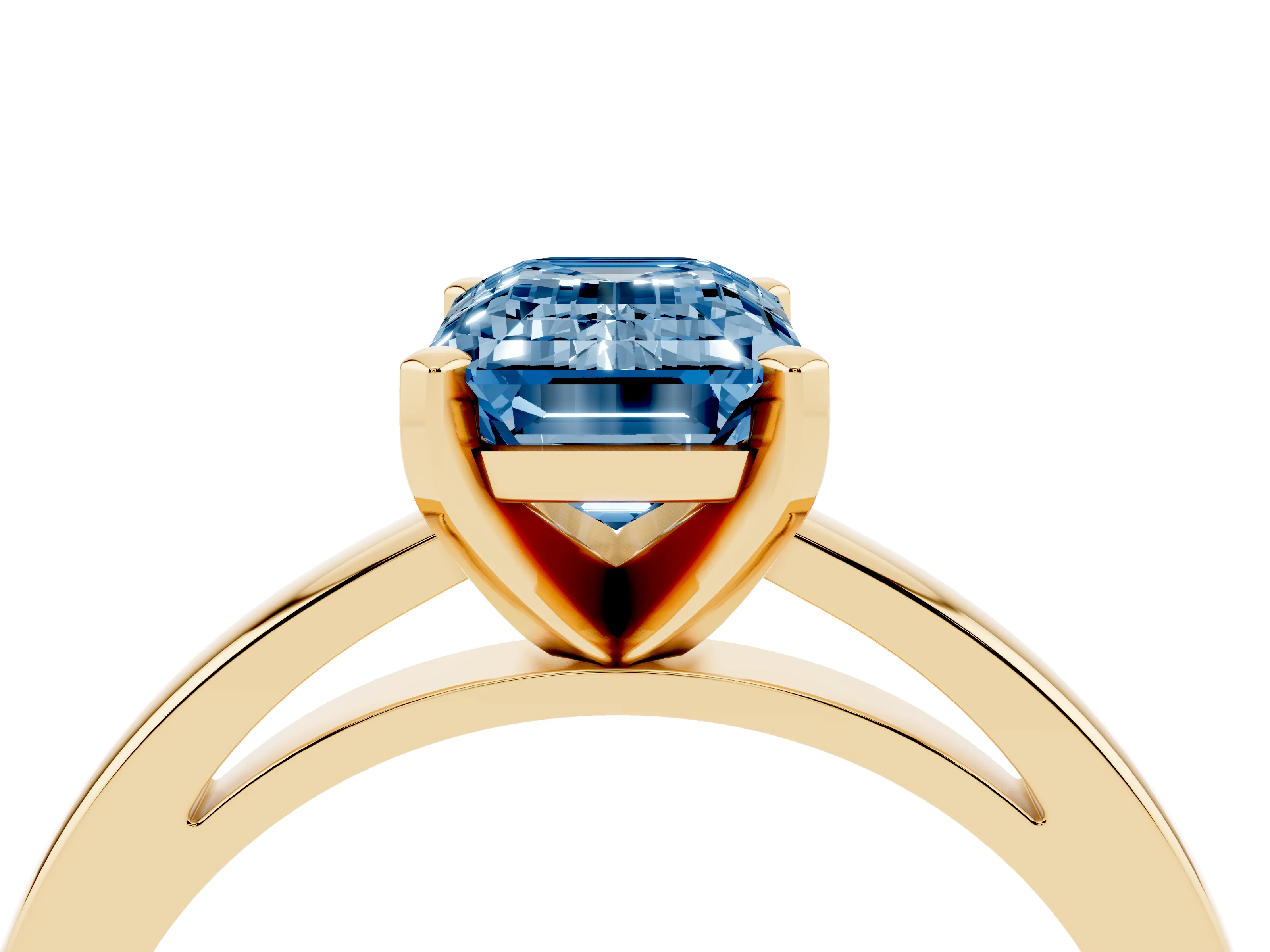 Fancy Blue Emerald Cut Diamond Solitaire Engagement Ring Set in Yellow gold with Prong Setting on a Classic Band