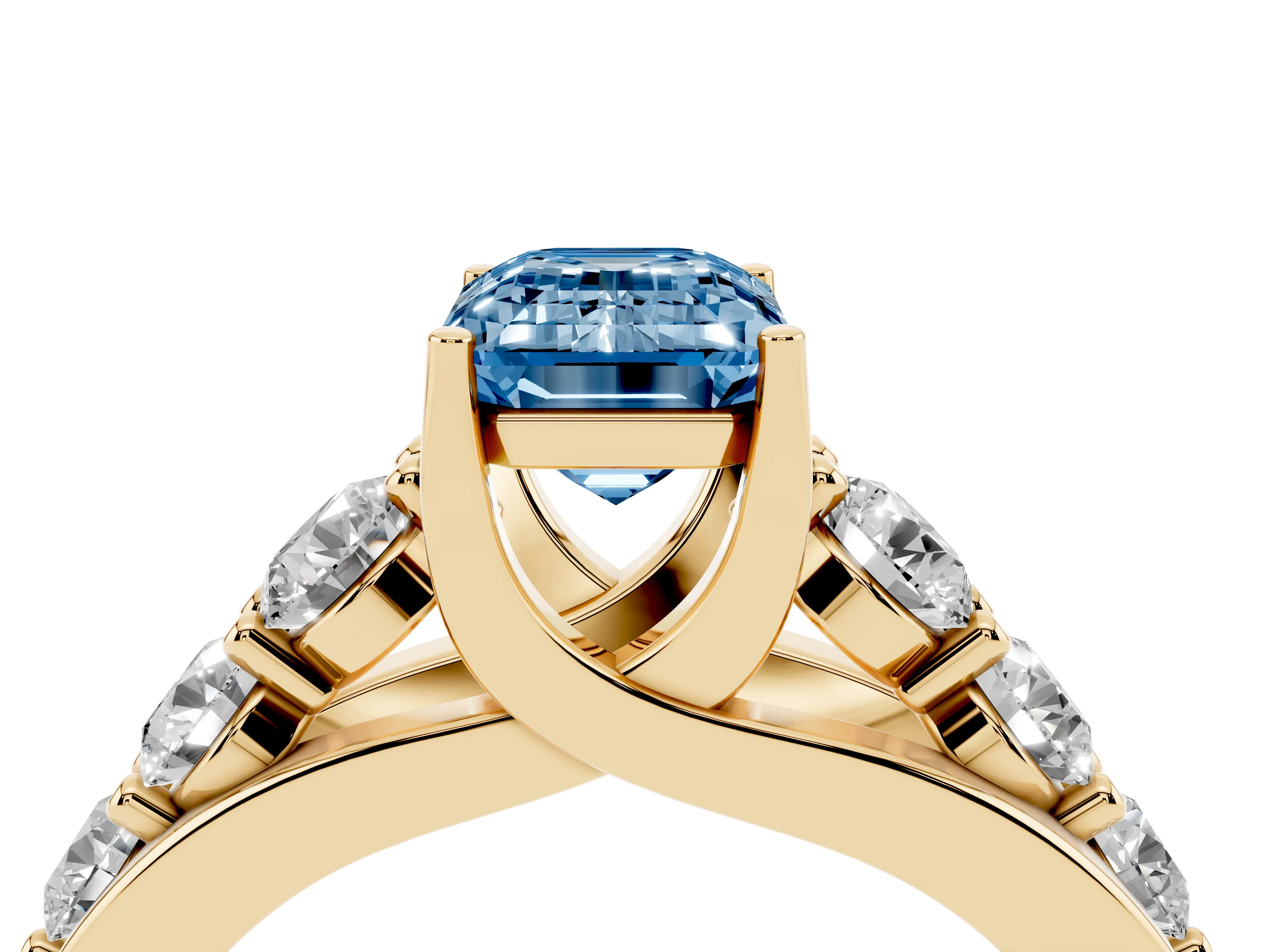 Fancy Blue Emerald Cut Diamond Pavé Engagement Ring Set in Yellow gold with Prong Setting