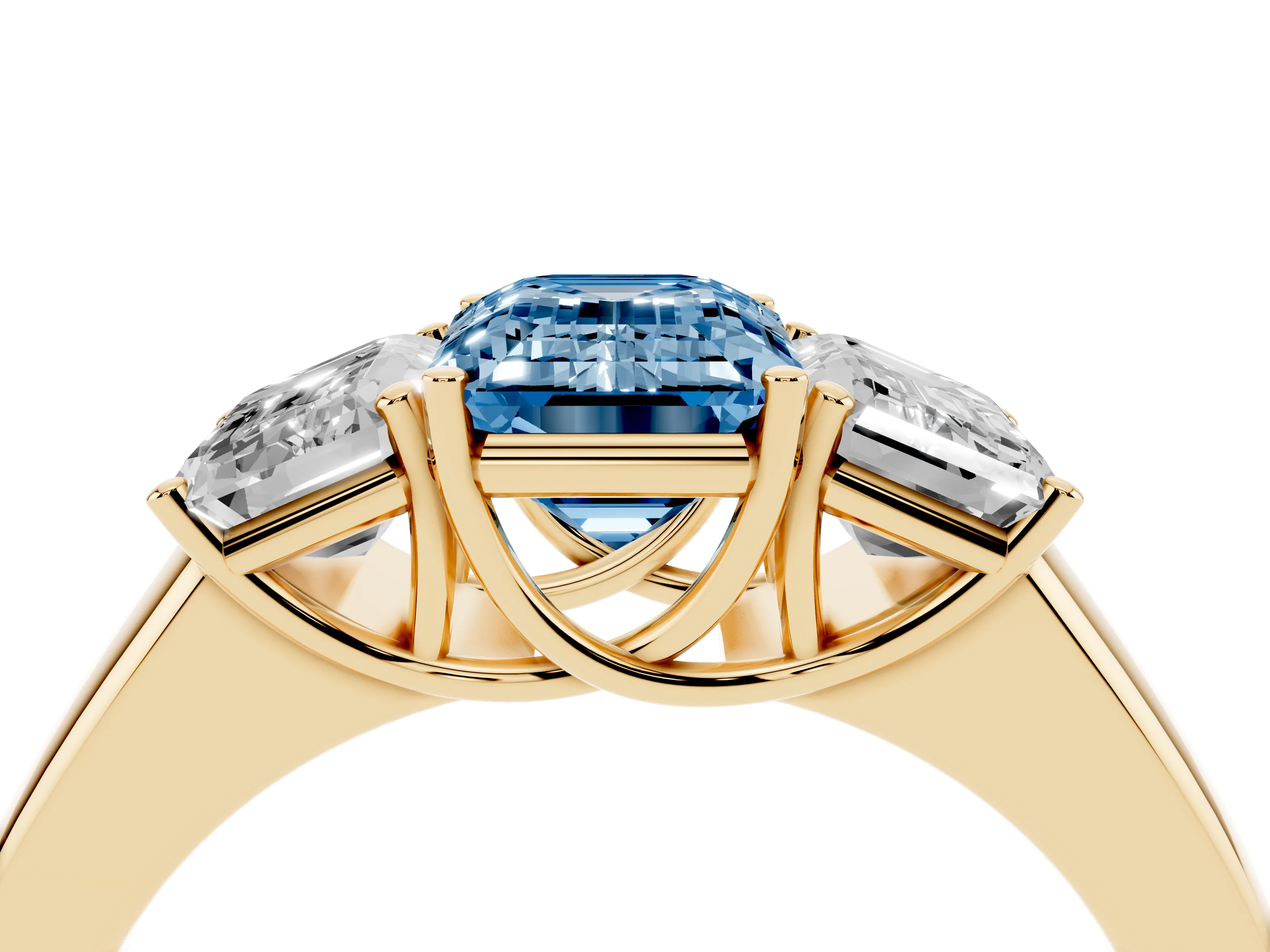 Fancy Blue Three-Stone Emerald Cut Diamond Ring Set in Yellow gold with Matching Prong Settings and Plain Band