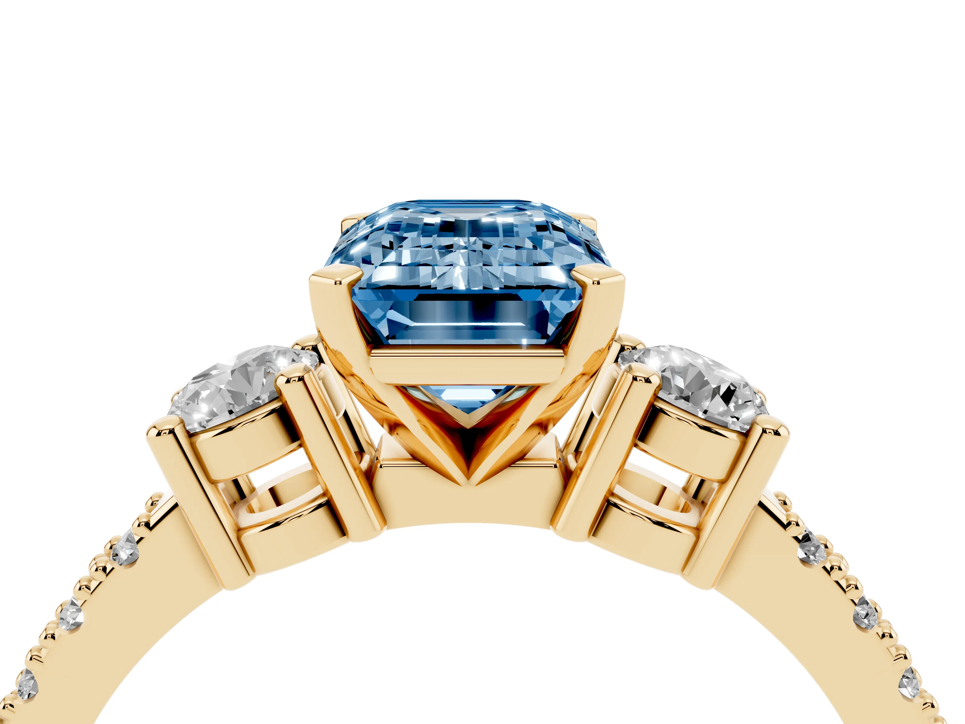 Fancy Blue Three-Stone Emerald Cut Diamond Pavé Band Ring Set in Yellow gold with Prong Setting