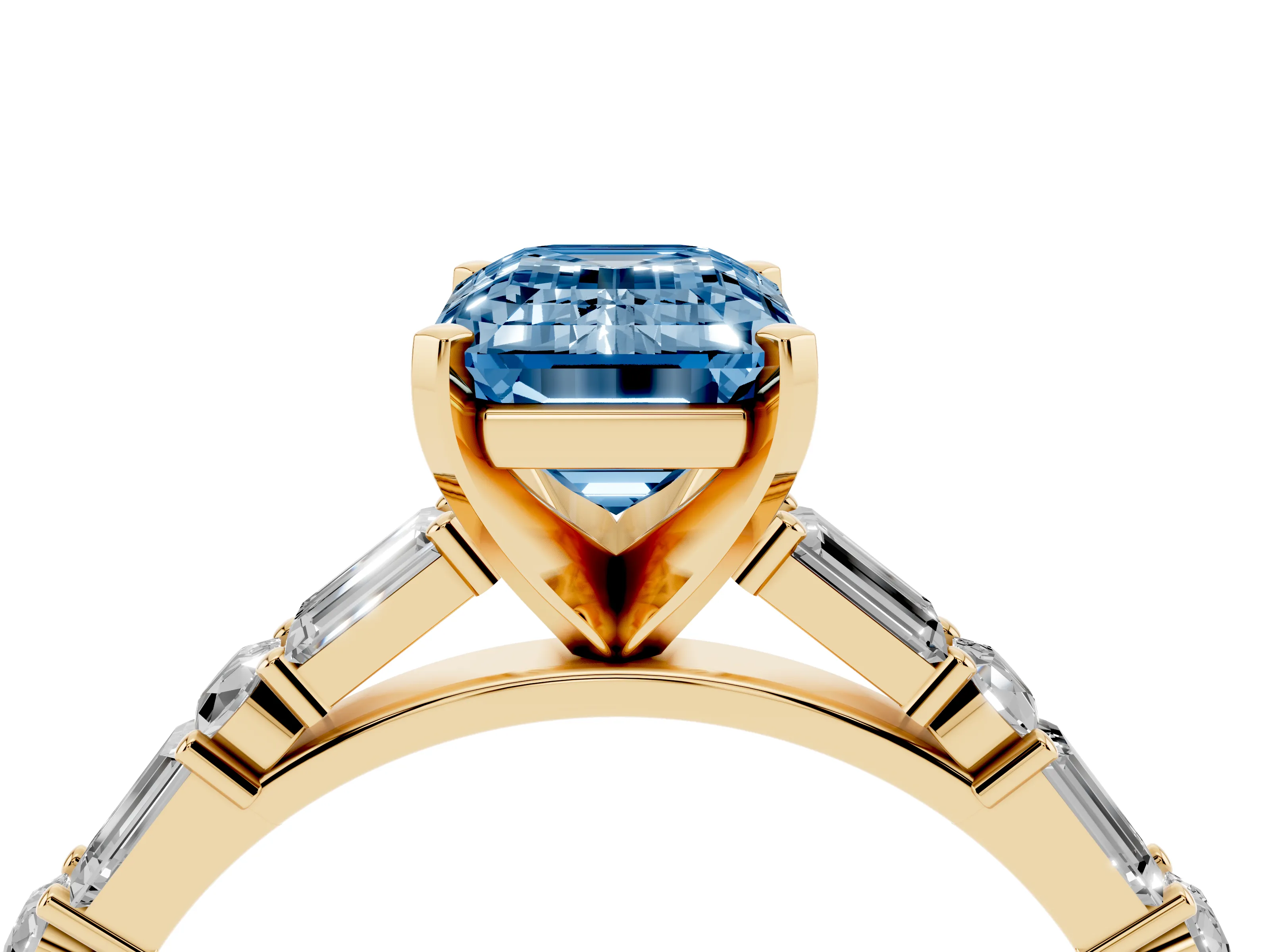 Fancy Blue Emerald Cut Diamond Solitaire Set in Yellow gold with Side Baguettes and Channel Set Band