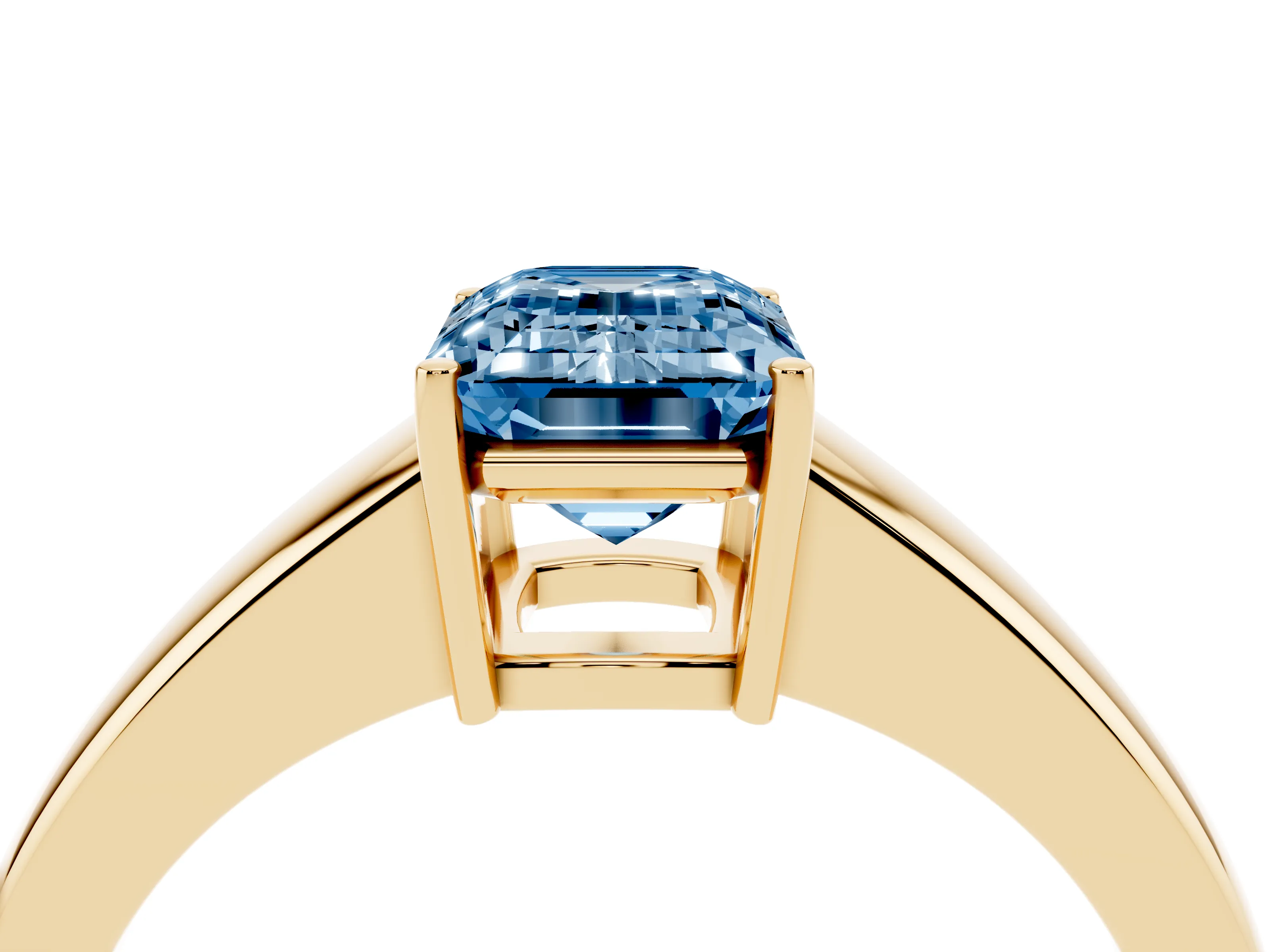 Fancy Blue Emerald Cut Diamond Solitaire Ring Set in Yellow gold with Tapered Band and Prong Setting