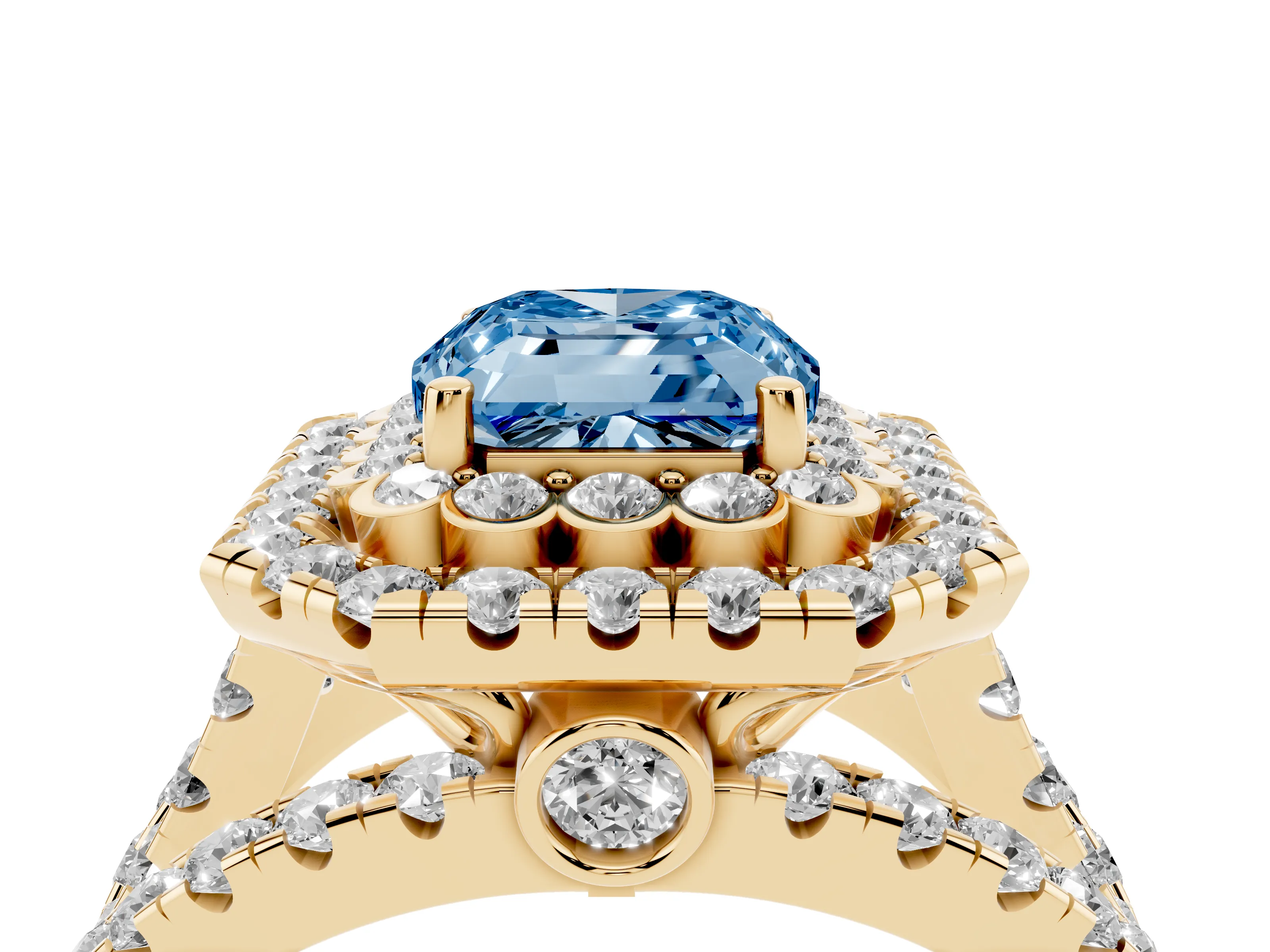 Fancy Blue Emerald Cut Diamond Double Halo Ring Set in Yellow gold with Round Pavé Split Shank