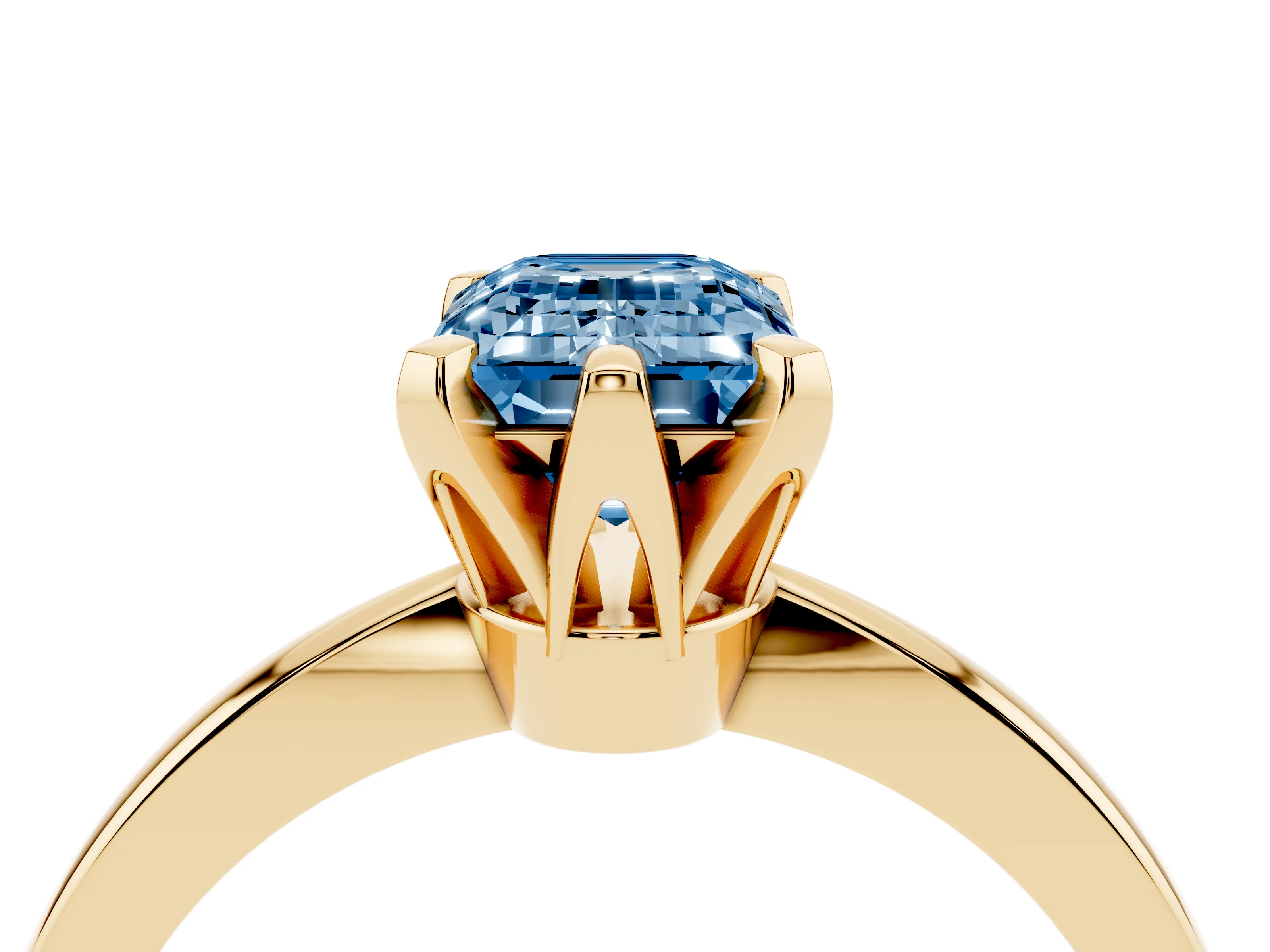 Fancy Blue Emerald Cut Diamond Solitaire Engagement Ring Set in Yellow gold with Slim Tapered Solitaire Band
