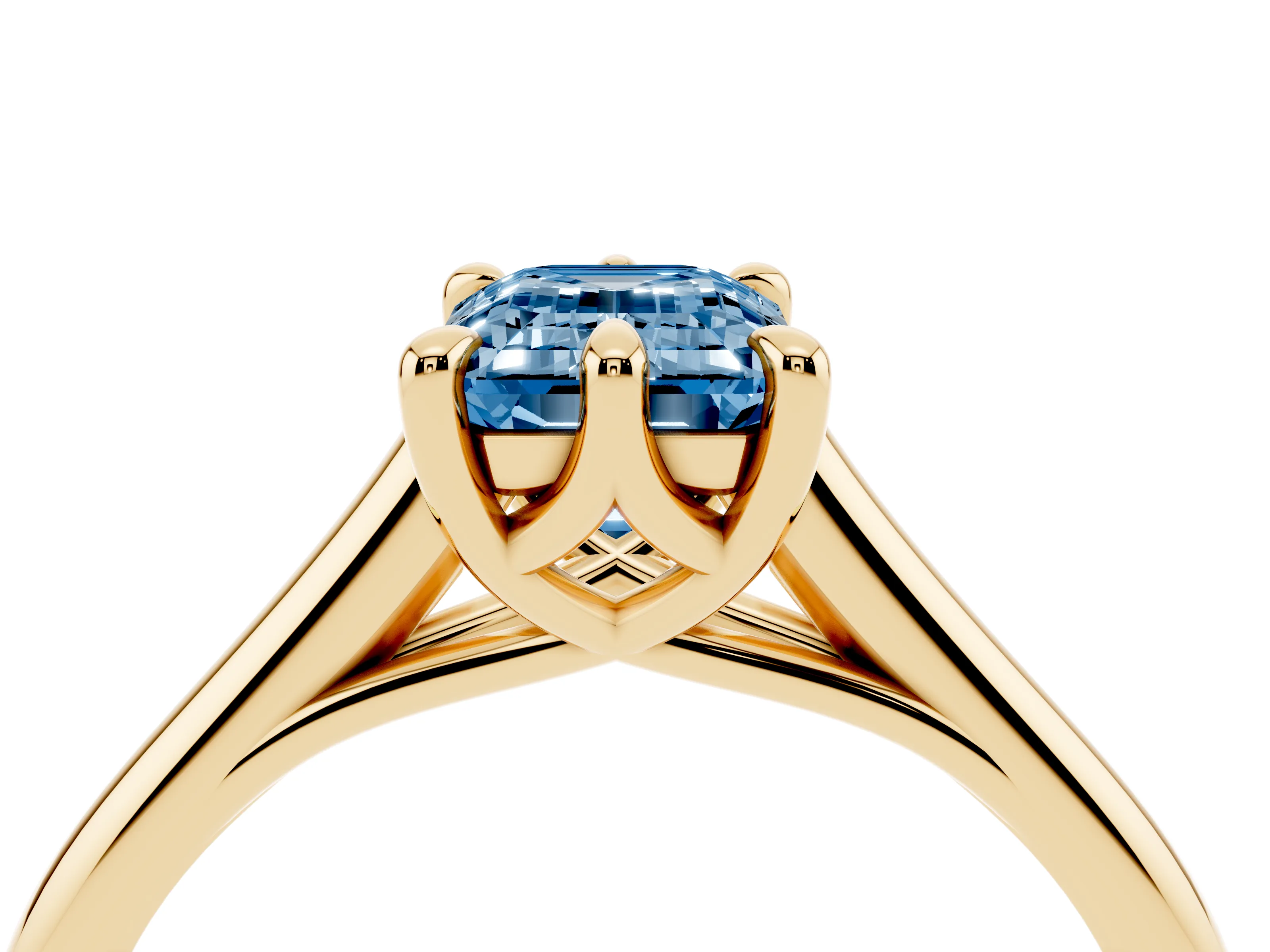 Fancy Blue Emerald Cut Diamond Solitaire Engagement Ring Set in Yellow gold with Prong Setting and Plain Classic Band