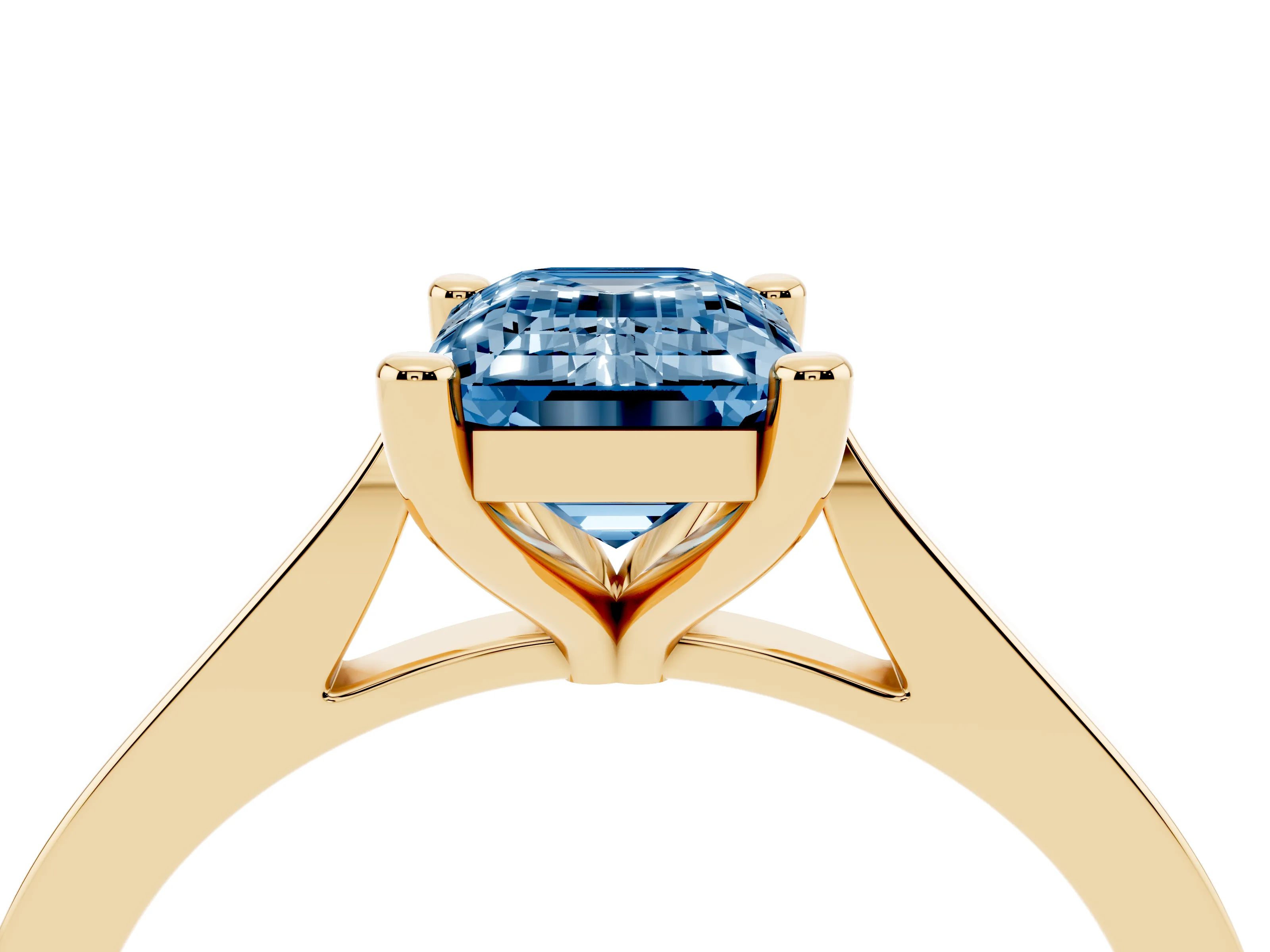 Fancy Blue Emerald Cut Diamond Solitaire Ring Set in Yellow gold with Prong Setting and Tapered Band