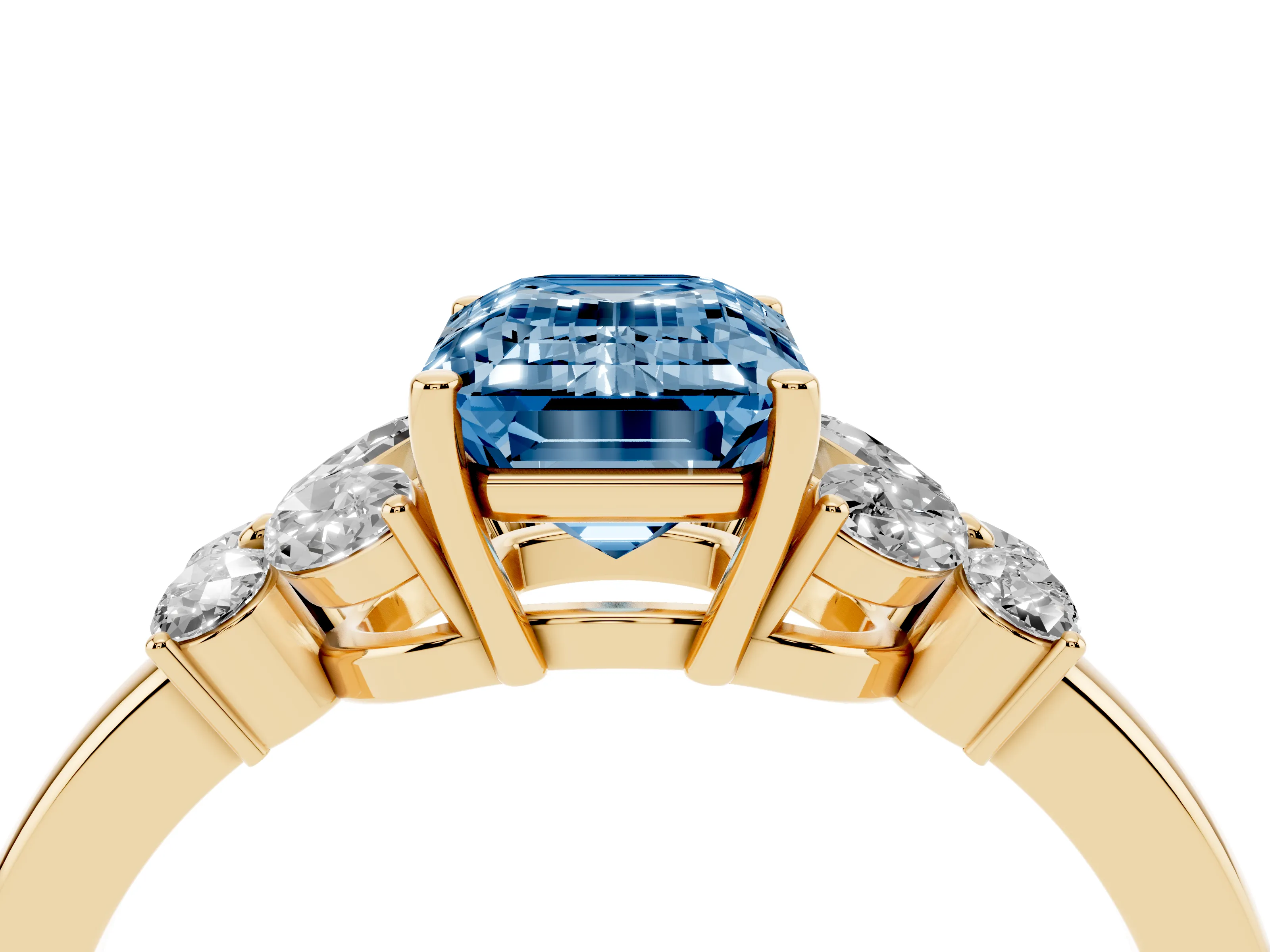 Fancy Blue Emerald Cut Diamond Solitaire Floral Ring Set in Yellow gold with Marquise Petals and Prong Setting