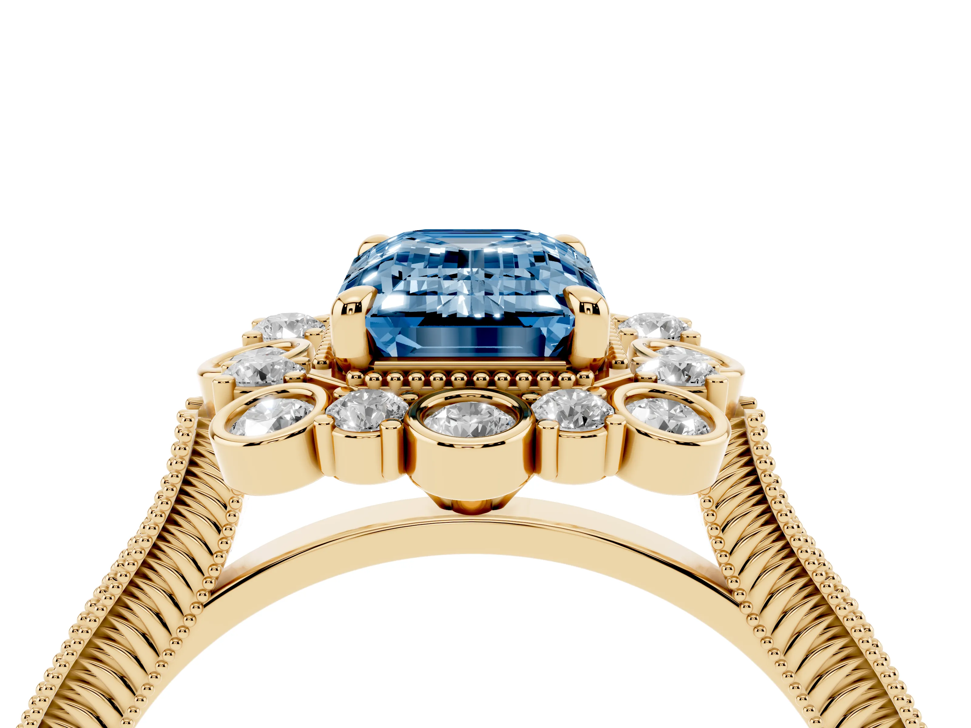 Fancy Blue Emerald Cut Diamond Halo Milgrain Pavé Ring Set in Yellow gold with Prong Setting