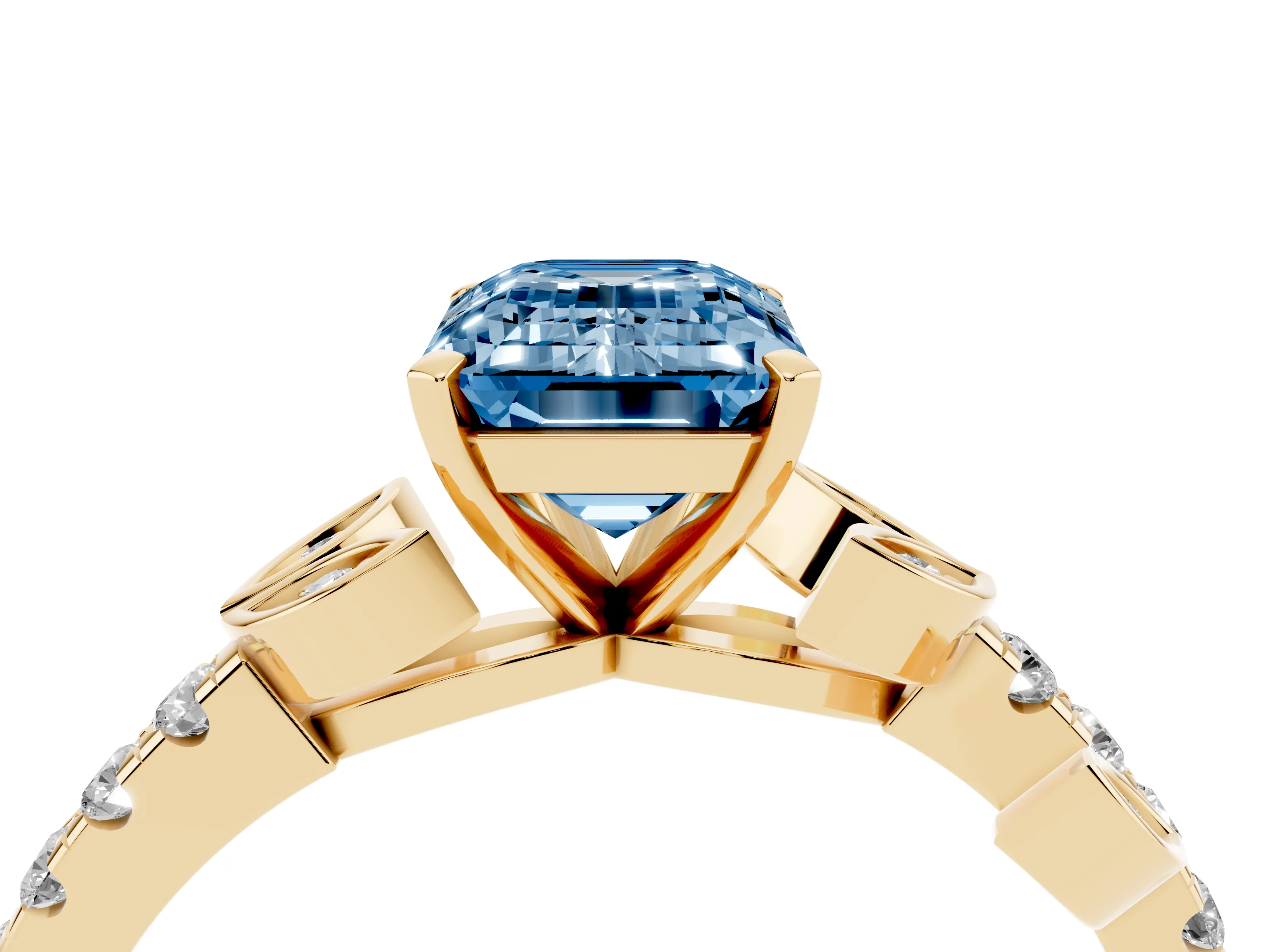 Fancy Blue Emerald Cut Diamond Solitaire Leaf-Inspired Ring Set in Yellow gold with Pavé Band and Prong Setting