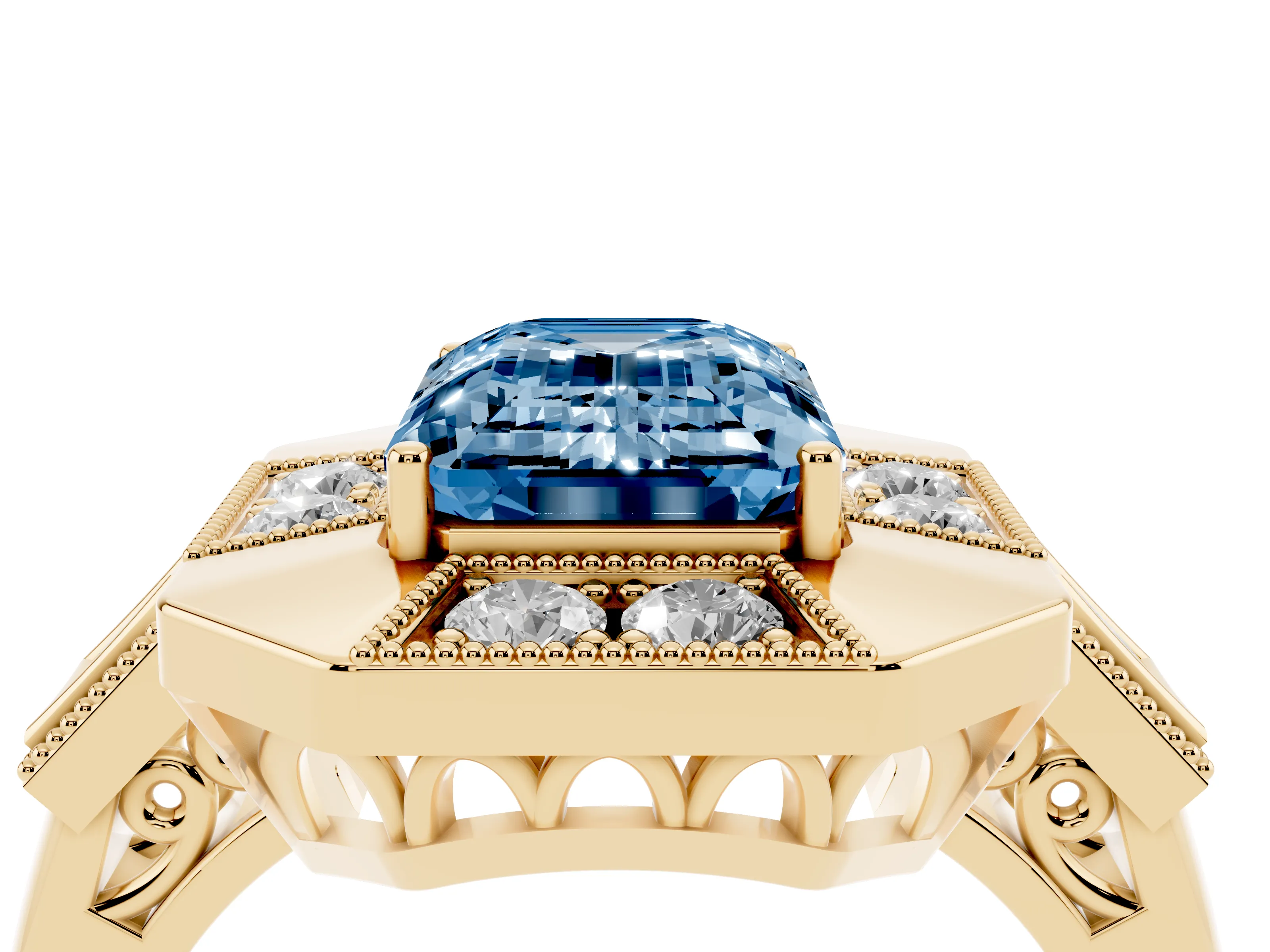 Fancy Blue Emerald Cut Diamond Milgrain Halo Ring Set in Yellow gold with Split Shank